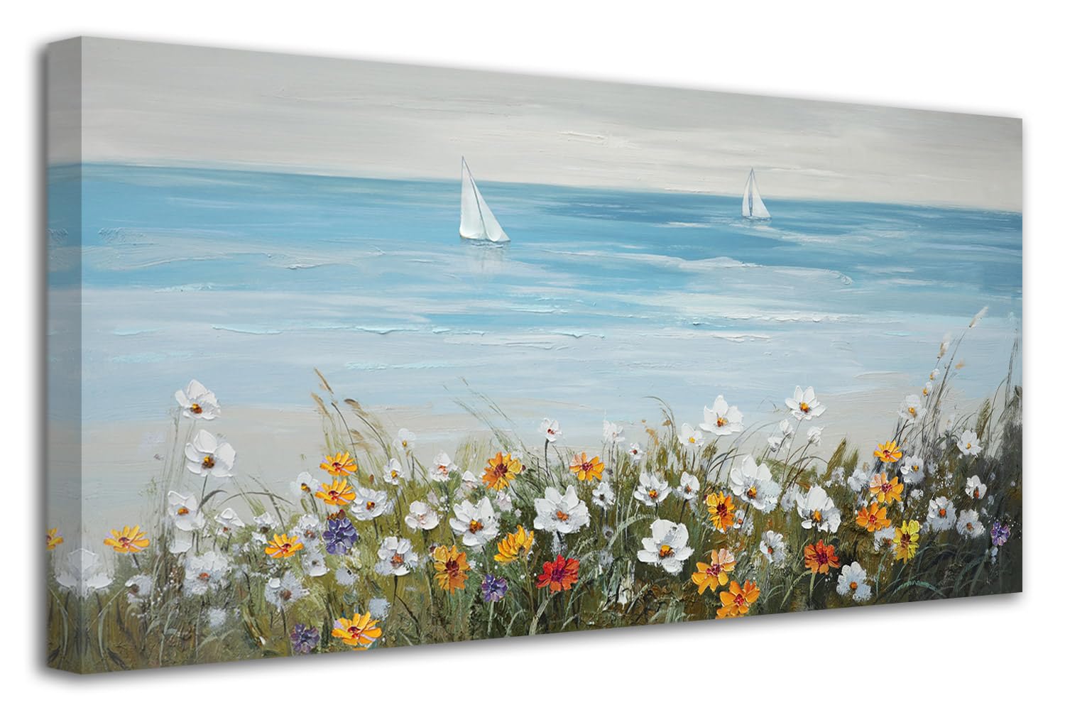 Ardemy Blue Coastal Wall Art Ocean Canvas Flowers Daisy Painting Landscape Sailboat Picture White Yellow Artwork Modern Seascape