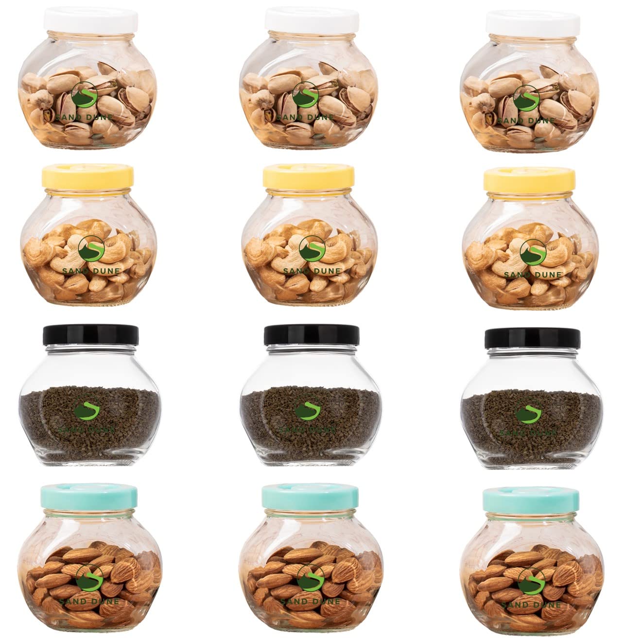 Sand Dune Set Of 12, 200 Ml Each Storage Glass Jar Assorted Plastic Cap, Transparent | Bpa Free | Storage Jar Containers/Barni F