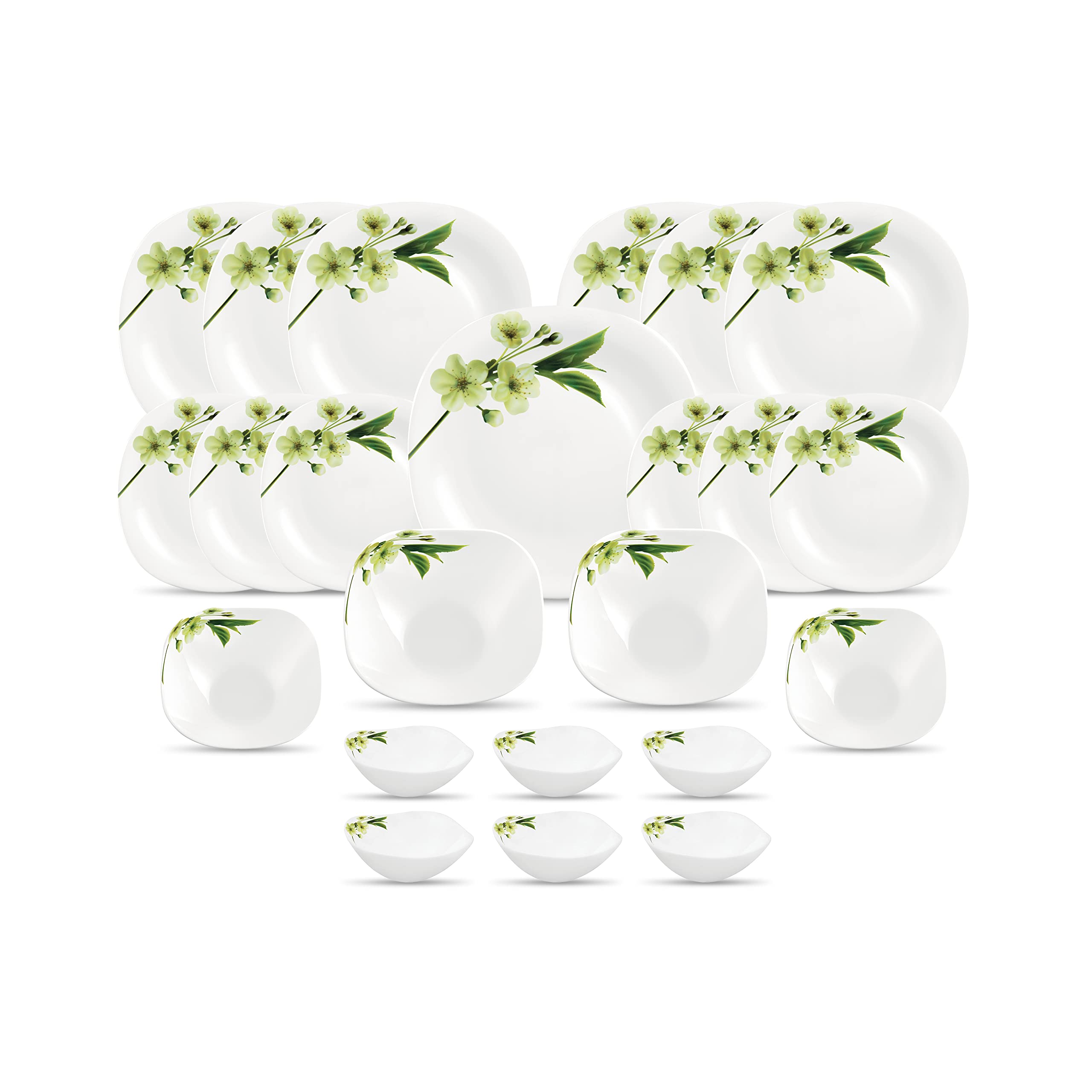 La Opala Diva Quadra Collection Opal Glass Crockery | For Family Of 6 | Dinner Set 23 Pcs Snowdrop | Square Plates & Bowls For D
