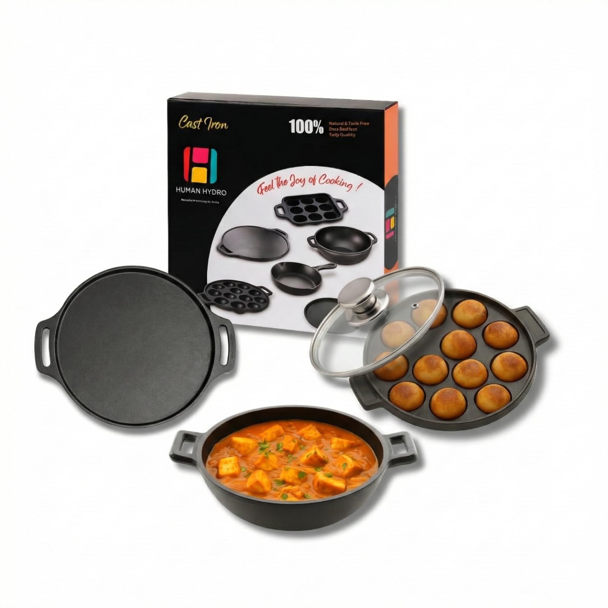 Human Hydro Cast Iron Cookware Combo | 12Pit Paniyaram Pan With Lid, 30Cm Dosa Tawa & 23Cm Kadai | PreSeasoned, Naturally Nons