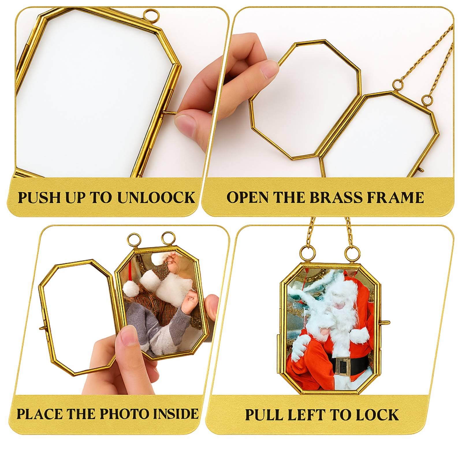 Qunclay 6 Pcs 2x3 4x3.4 2.7x3.5 Christmas Brass Picture Frame Ornaments Xmas Metal Double Glass Hanging Photo Frame with Metal C