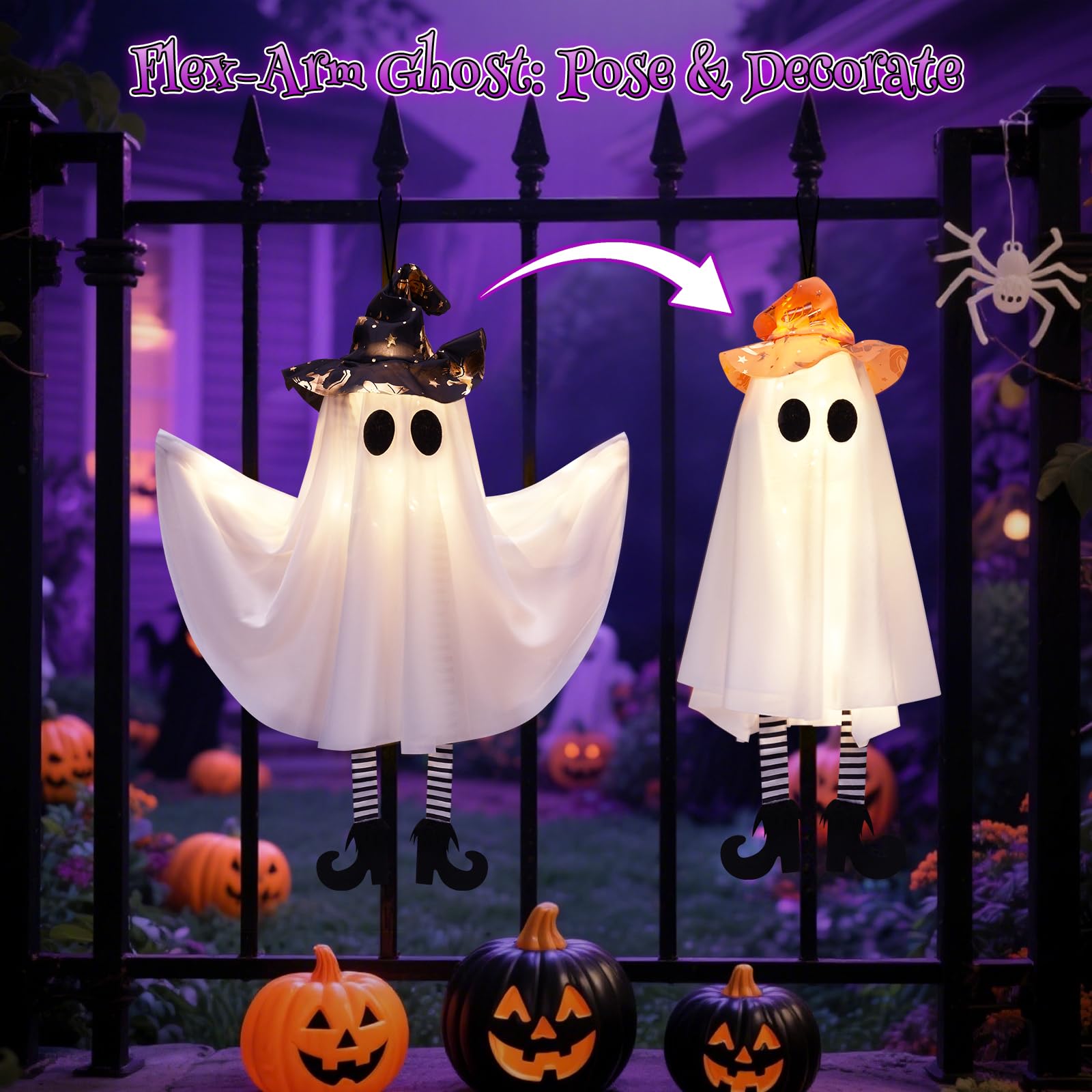 Halloween Decorations Outdoor Indoor,4 Pack Hanging Ghosts Outdoor Halloween Decor,Cute Light Up Witches Hats Ghost Decorations