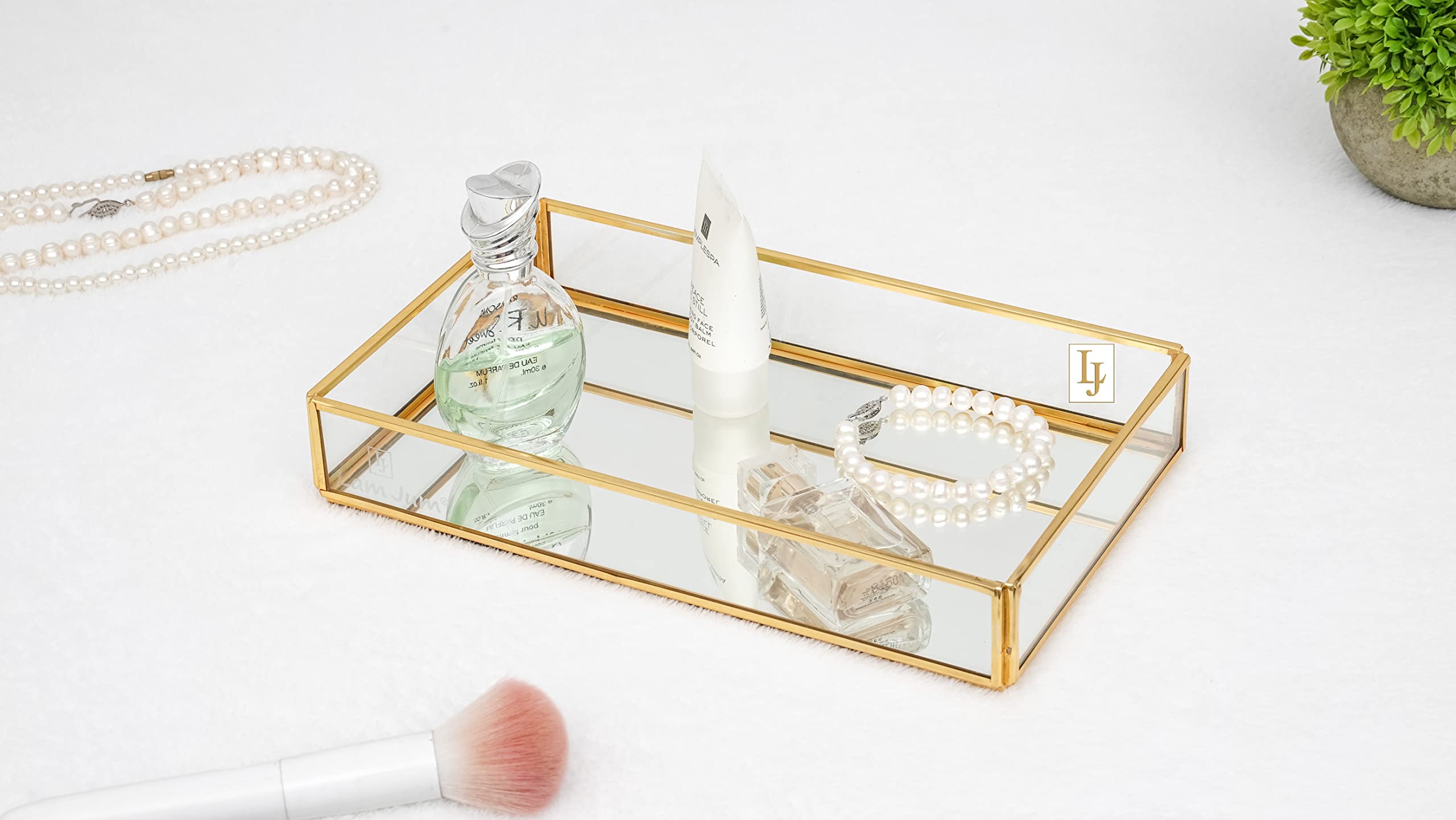 Lamjum Metal And Glass Vanity Makeup Tray  Large, Gold, 30L X 20W X 5H Centimeters