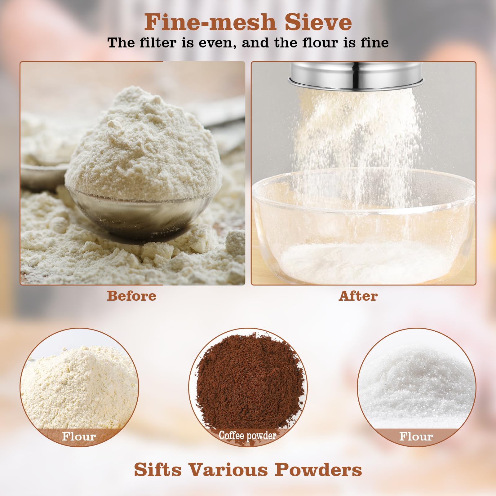 Flour Sifter For Baking, 304 Stainless Steel 5 Cup Flour Sieve Fine Mesh Screen Powder Sifters With Loop Agitator For Quick Sift