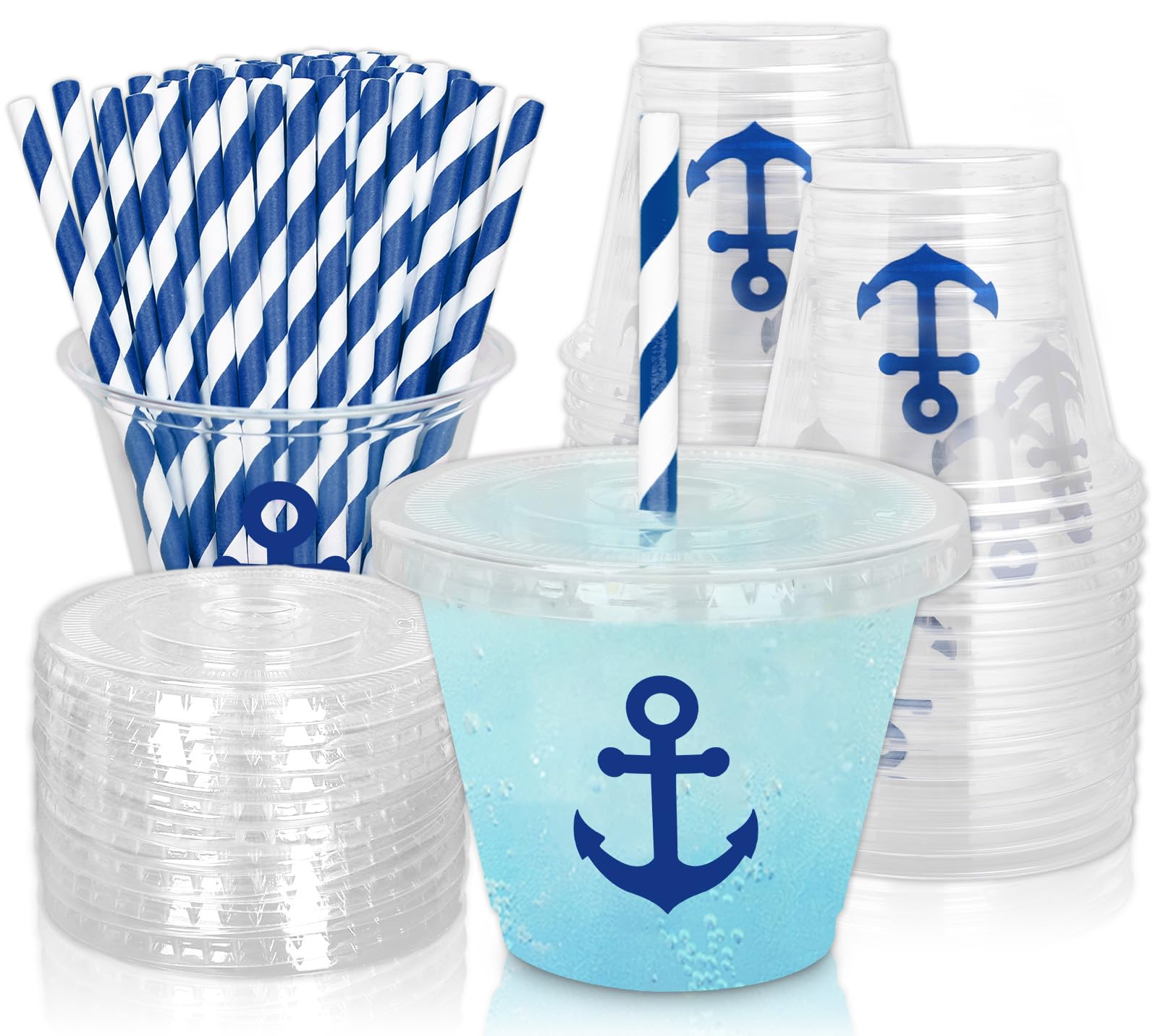 Whaline 100Pcs 9Oz Nautical Disposable Plastic Cups with Lids and Straws Blue Anchor Cold Beverage Drinking Cups for Iced Coffee