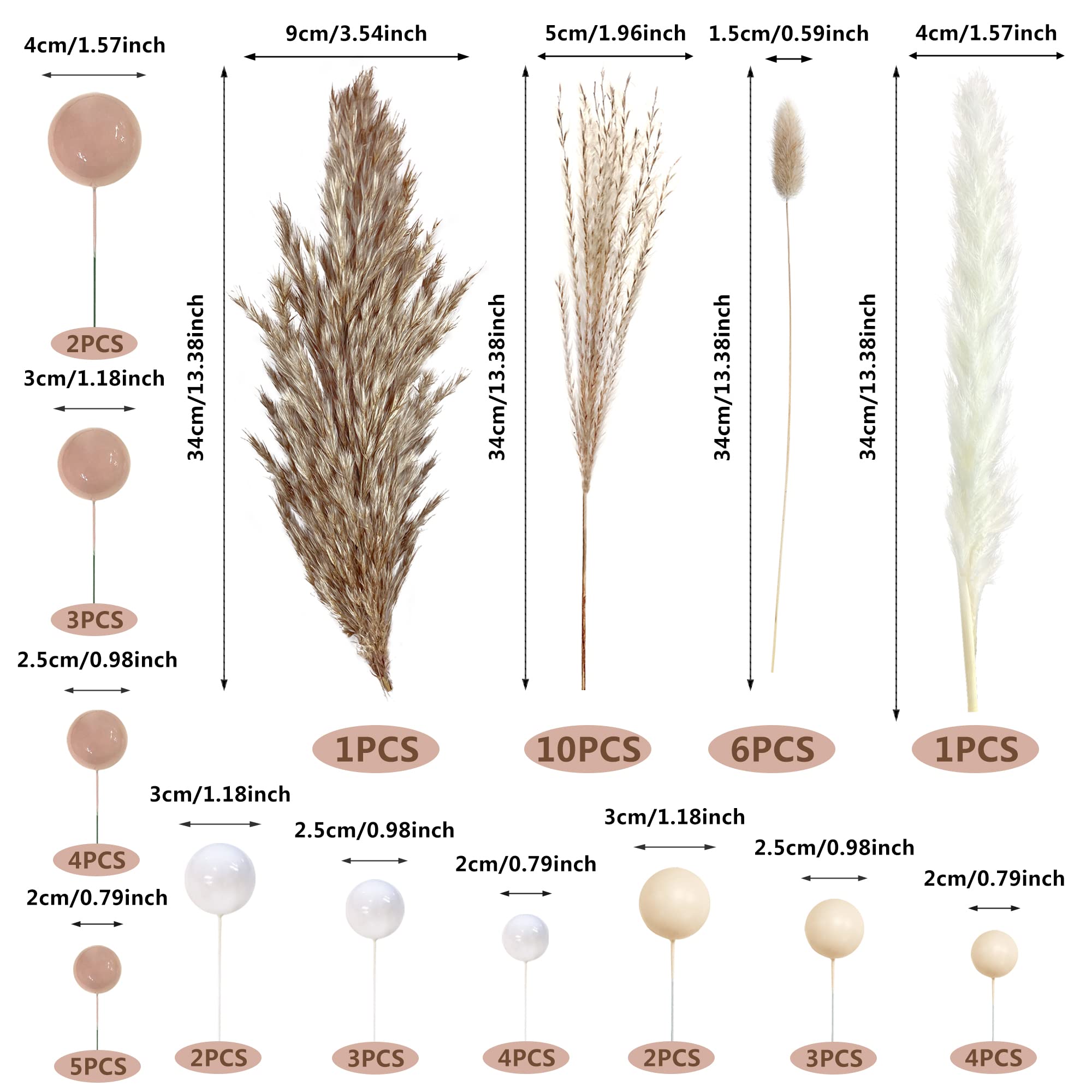 50 Pcs Boho Cake Toppers Mini Balls Cake Topper Various Dried Pampas Grass Cake Decor For Boho Home Wedding Cake Decoration (Whi