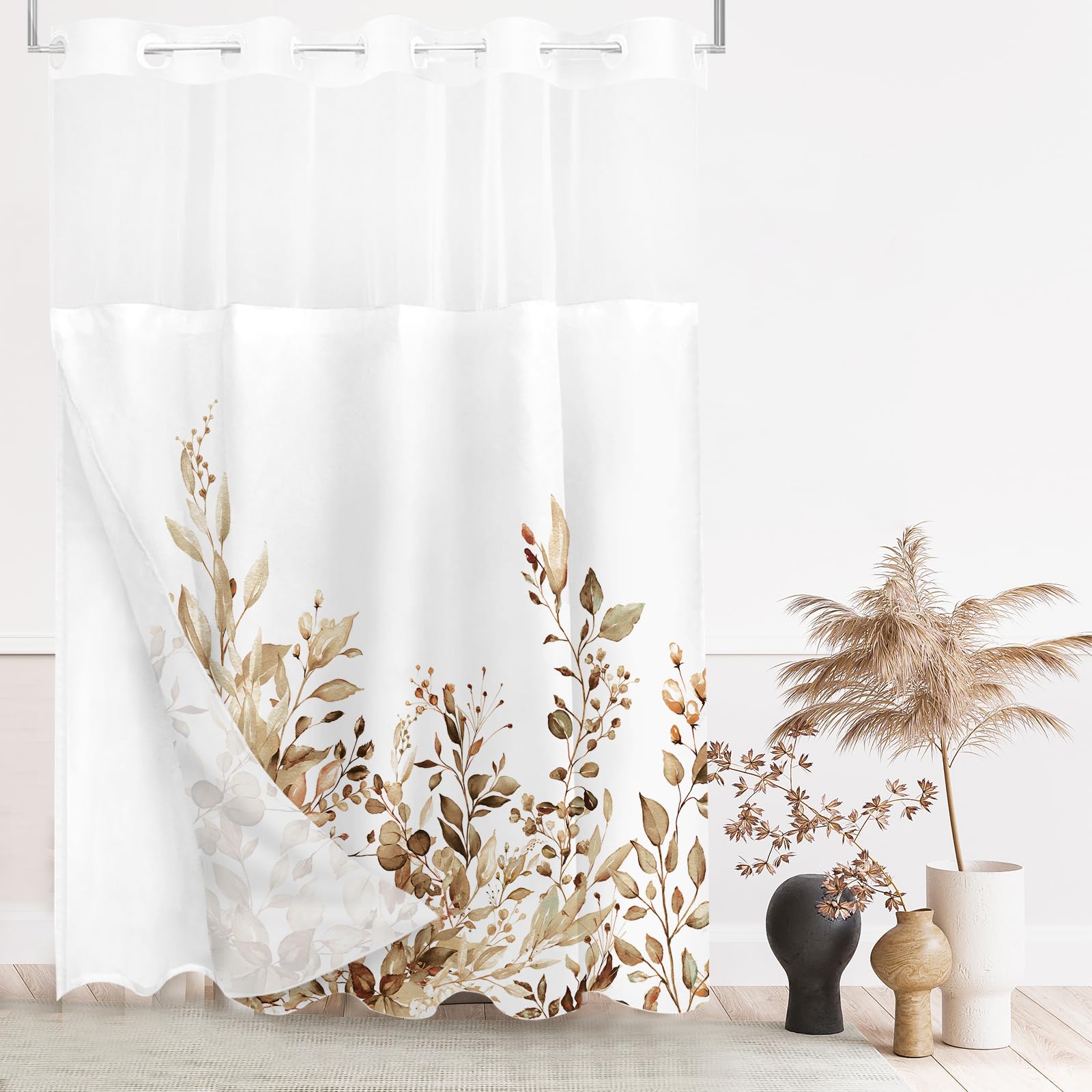 Tititex No Hooks Snap In Liner Tan Eucalyptus Leaves Shower Curtain Sets, Hotel Luxury Double Layers Waterproof Fabric & See-Thr