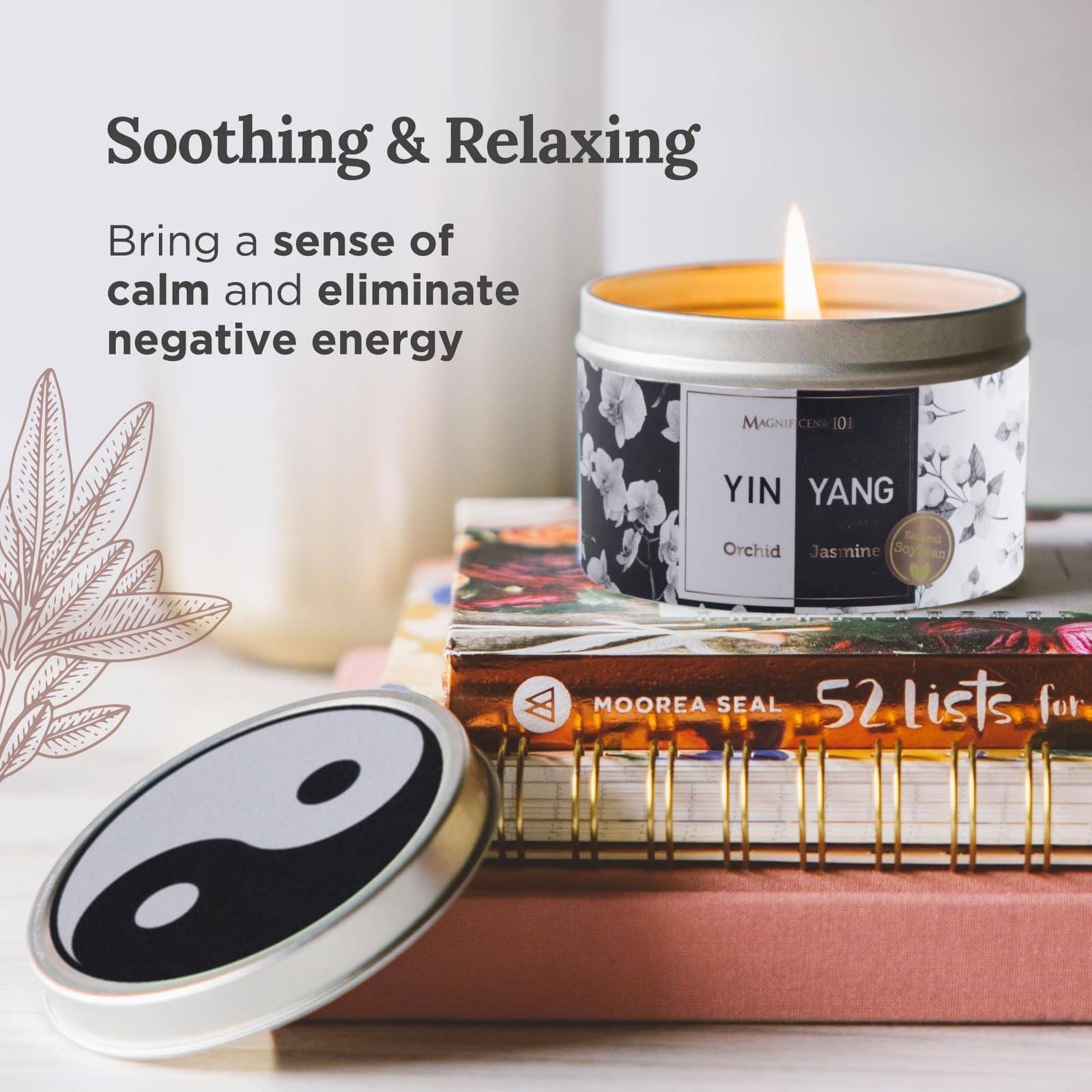 MAGNIFICENT 101 Yin Yang Smudge Candle - 6-Oz Soy Wax Tin - 35-Hr Burn Time & Orchid & Jasmine Scent - Energy Cleansing & Chakra