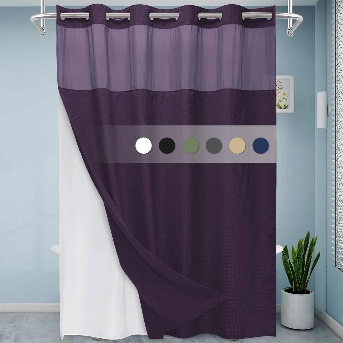 Eutxl Purple Long Hotel Style Shower Curtain With Snap In Liner - 230Gsm Waffle Textured,Hotel Grade,Spa Like Bath Curtain,71W X