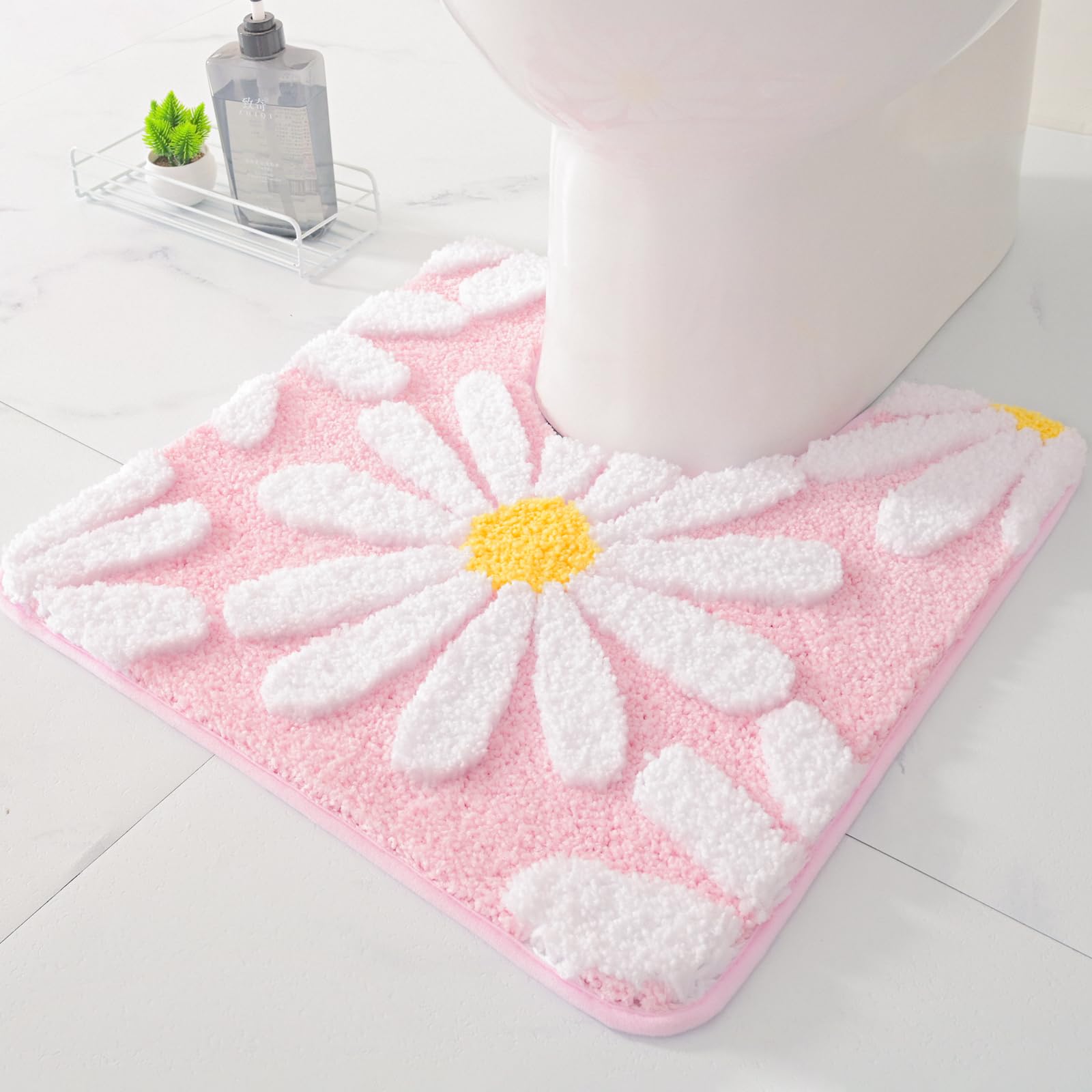 Qjhomo Toilet Rugs U Shaped, Pink Toilet Mat Cute Daisy Contour Bath Rug 20''X20'', Extra Thick Soft Machine Washable Toilet Car