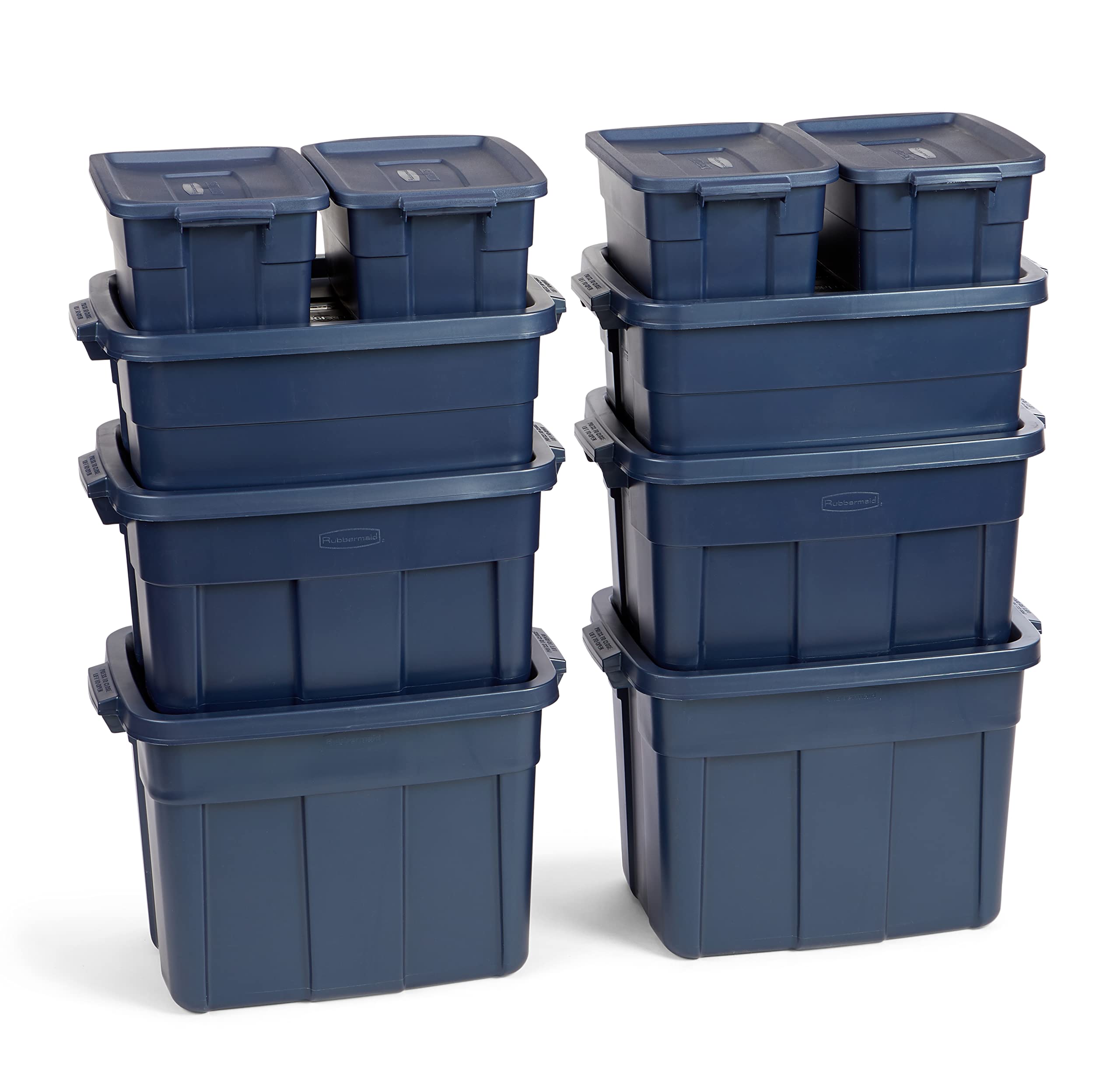 Rubbermaid Roughneck Tote Variety, 10 Pack, Made In Usa, Dark Indigo Metallic, Rugged Plastic Stackable Storage Bins With Lids A