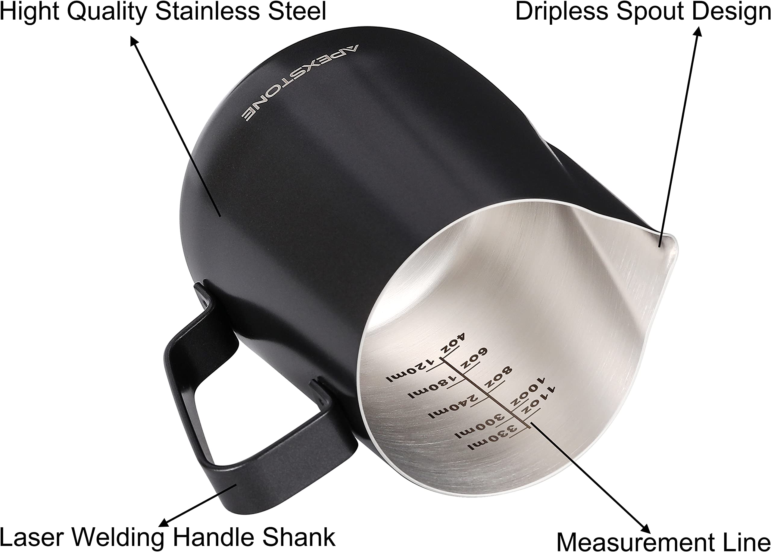 Apexstone Black  Espresso Steaming Pitcher 12 oz  Coffee Milk Frothing Cup  Coffee Steaming Pitcher 12 oz/350 ml