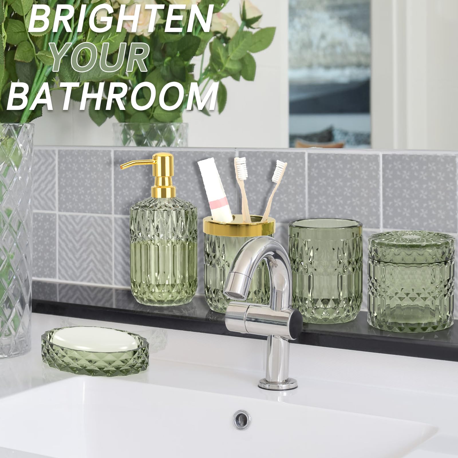 Towoaafu Green Bathroom Accessories Set - 5 Pcs Glass Bathroom Decor With Soap Dispenser & Soap Dish & Toothbrush Holder & Tumbl