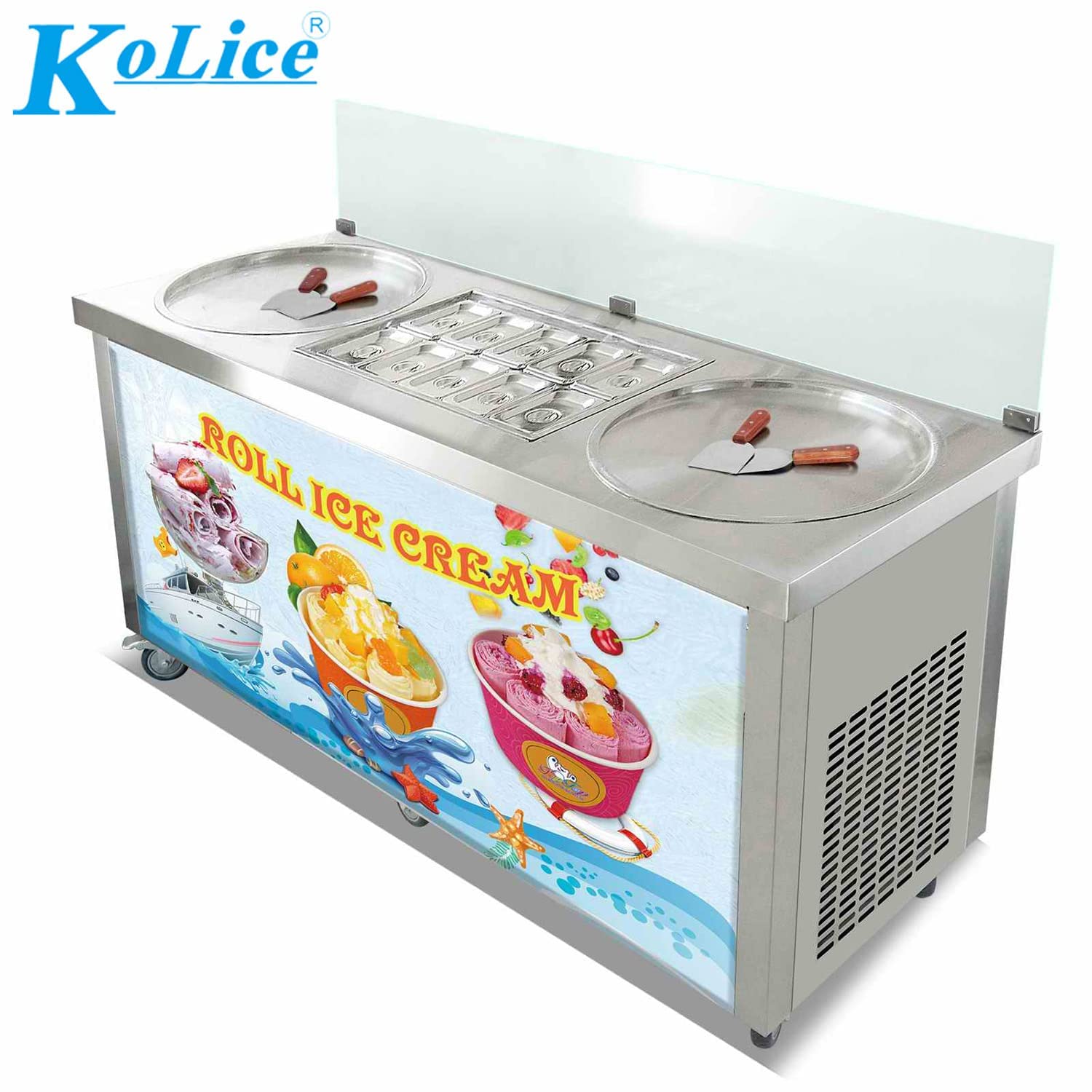 Kolice Commercial 22'' Double Round Pans Fried Ice Cream Machine With 10 Refrigerated Tanks, Auto Defrost, Instant Stir Roll Ice