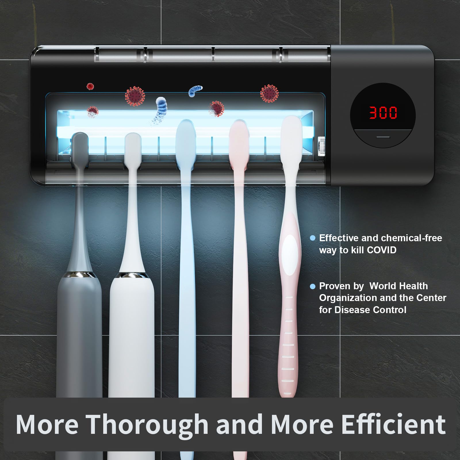 Housegem Toothbrush Holder, Timer Function, 2000Mah Rechargeable Cordless Wall-Mounted Bathroom (Black)