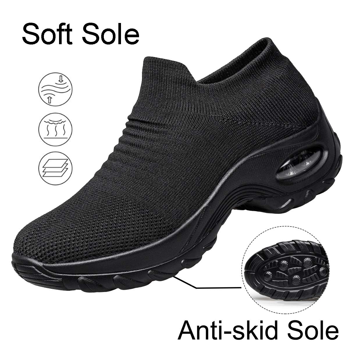 Yhoon Womens Walking Shoes - Sock Sneakers Slip On Mesh Platform Air Cushion Athletic Shoes Work Nurse Comfortable Black 9