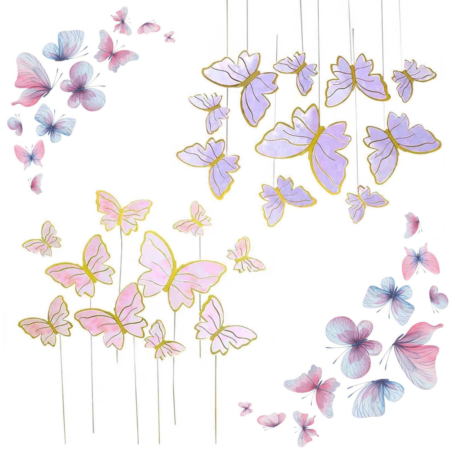 60Pcs Pink Purple Gold Butterfly Cake Toppers, 3D Cupcake Toppers Happy Birthday Metal Gold Topper For Girls Women'S Party Decor