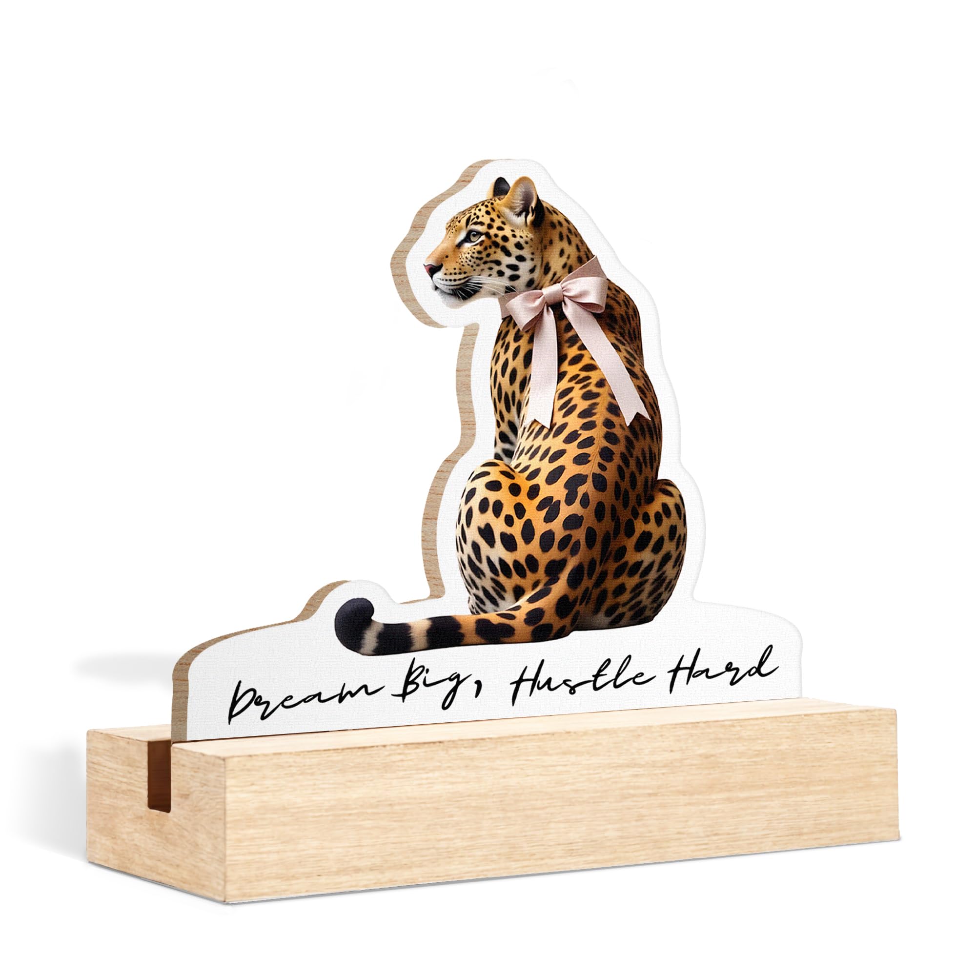 GTYNU Trendy Cheetah Desk Decor Sign, Funky Leopard with Coquette Bow Shaped Wood Sign Plaque with Wooden Stand for Home Office 