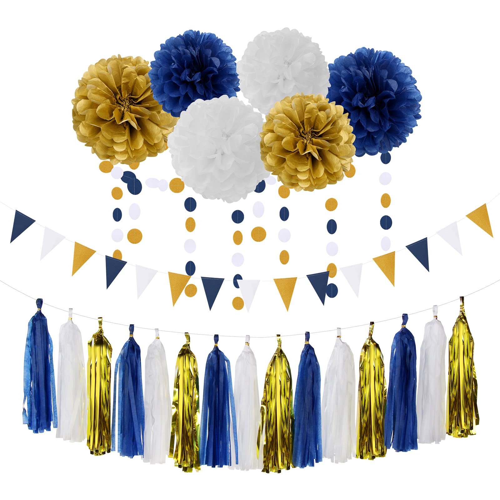 Navy Blue White Gold Party Decoration 23Pcs Kits-Paper Flowers,Banner Flags,Circle Banner,Tassel Garland Birthday Bachelorette B