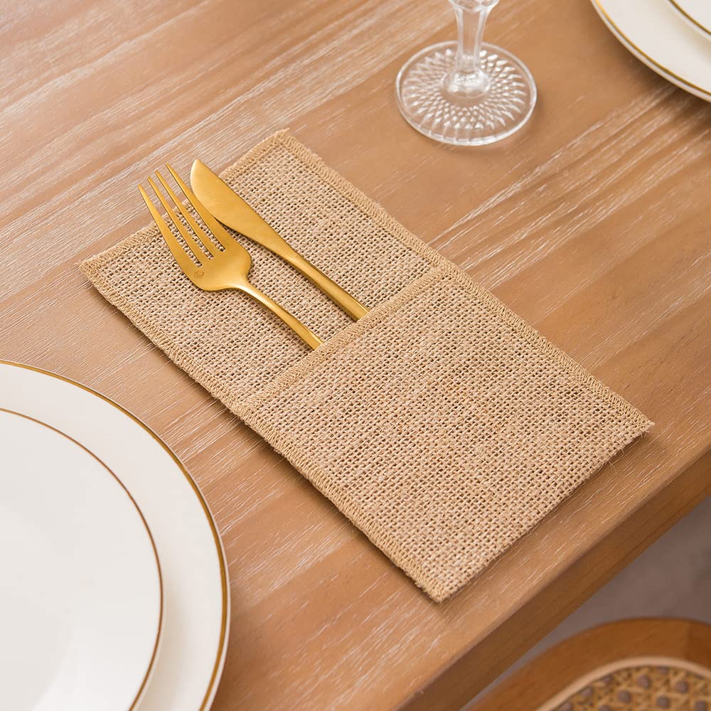 Aokqya 10Pcs Burlap Utensil Holder Pouch Silverware Pouch For Table Cutlery Holder Table Decorations (Natural)