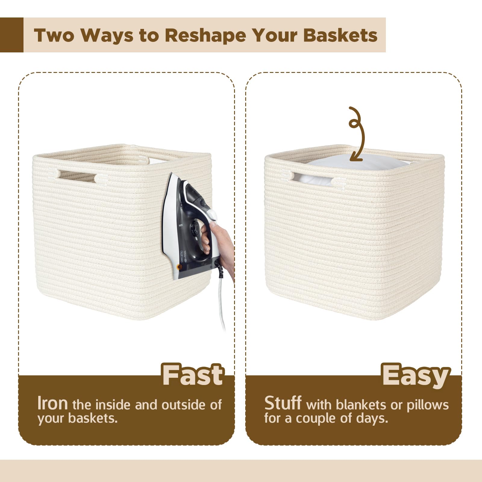 Aels Hand Woven Cotton Basket For Storage, Cube Storage Bins With Handles, Foldable Collapsible Closet Organizers And Storage, B