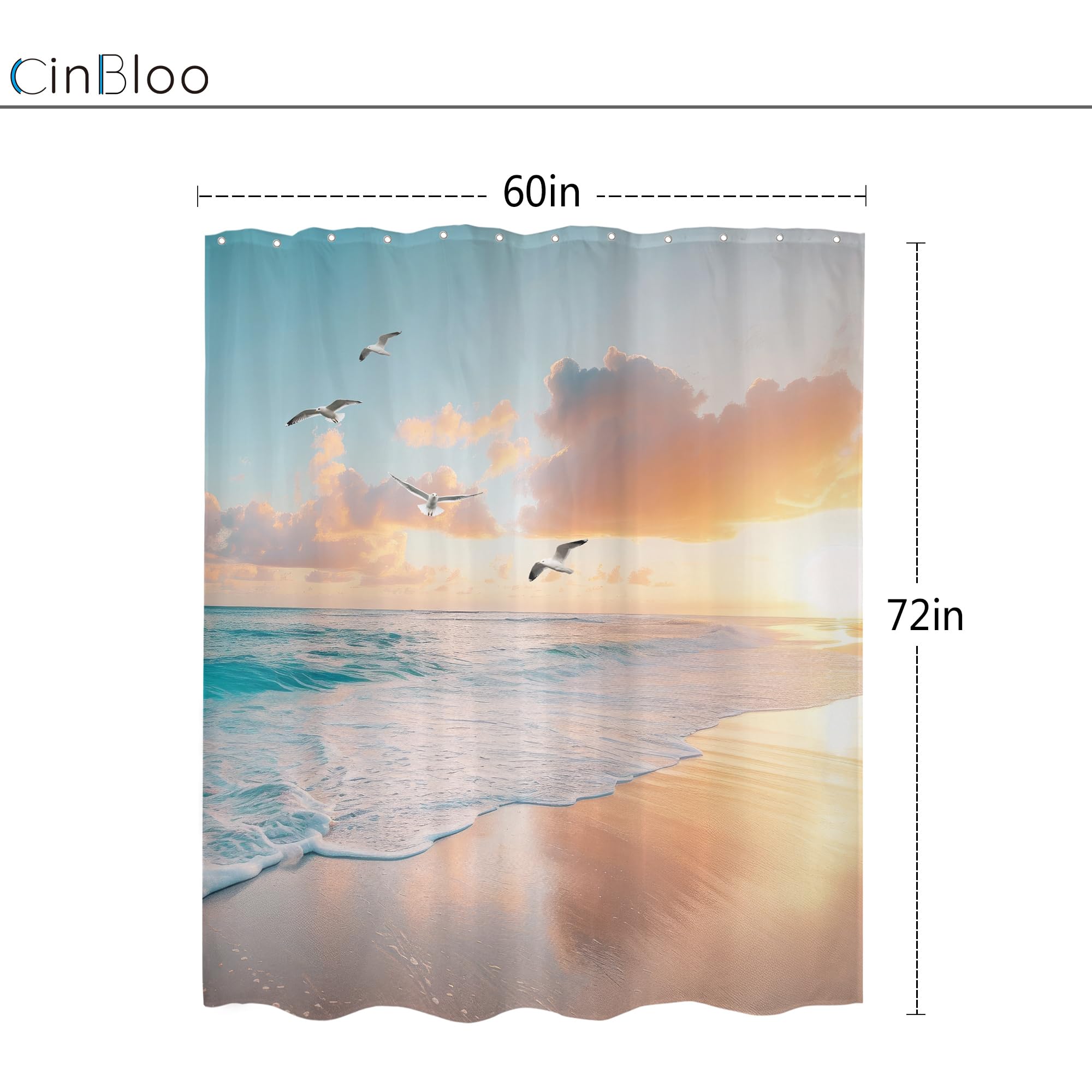 Cinbloo Beach Shower Curtain 60Wx72H Pink Blue Summer Ocean Coastal Sunset Sunrise Hawaii Tropical Bathroom Curtain Seaside Bird