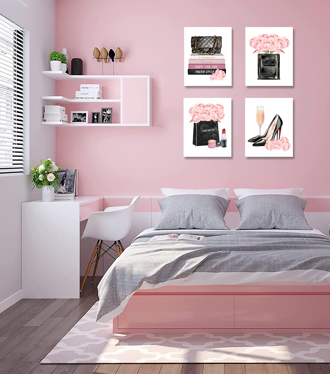 Pink Makeup Room Wall Art Fashion Perfume Flowers Handbag Poster Pictures Canvas Prints Framed For Women Bedroom Rose Gold Room