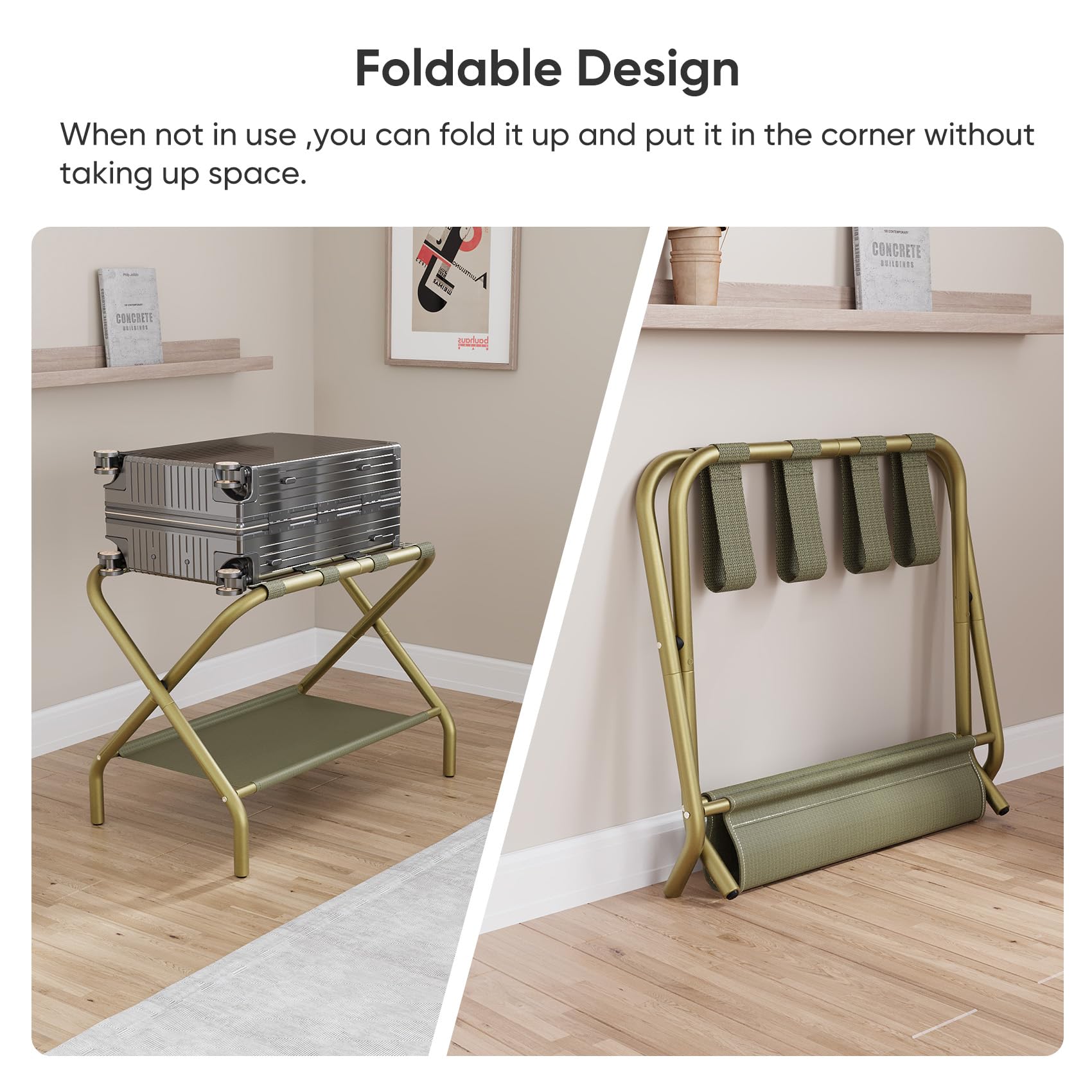 Smuxee Gold Luggage Rack, Foldable Suitcase Stand With Fabric Storage Shelf, Luggage Holder With 4 Nylon Straps For Guest Room B