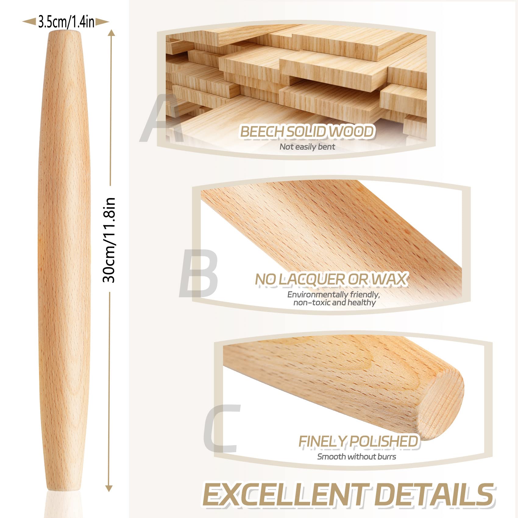 French Rolling Pin For Baking - Tuyotue 11.8 Inches Beech Wood Tapered Rolling Pin Dough Roller For Pizza Dough, Pie Crust Cooki