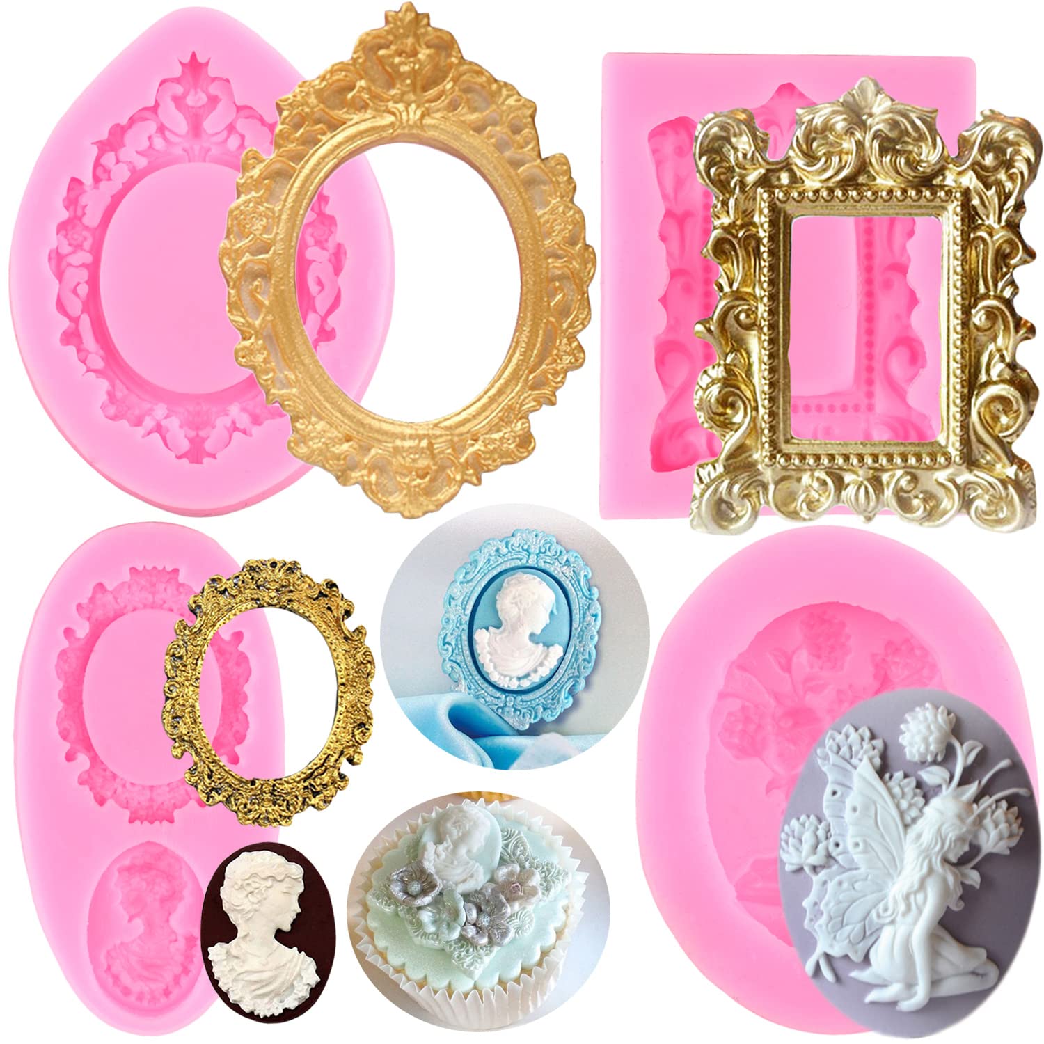 Rfghac Cameo Picture Frame Silicone Molds Angel Fairy Fondant Mold Mirror Frame Lady Avatar Chocolate Mold For Cake Decoration C