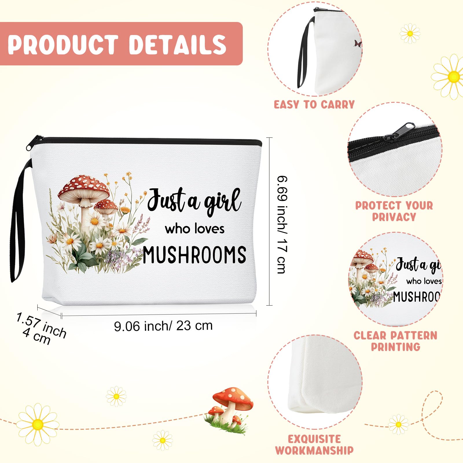 Sieral 2 Pcs Mushroom Gifts for Women Mushroom Lover Gifts Travel Cosmetic Bags Portable Makeup Zipper Pouch & Canvas Tote Bag f
