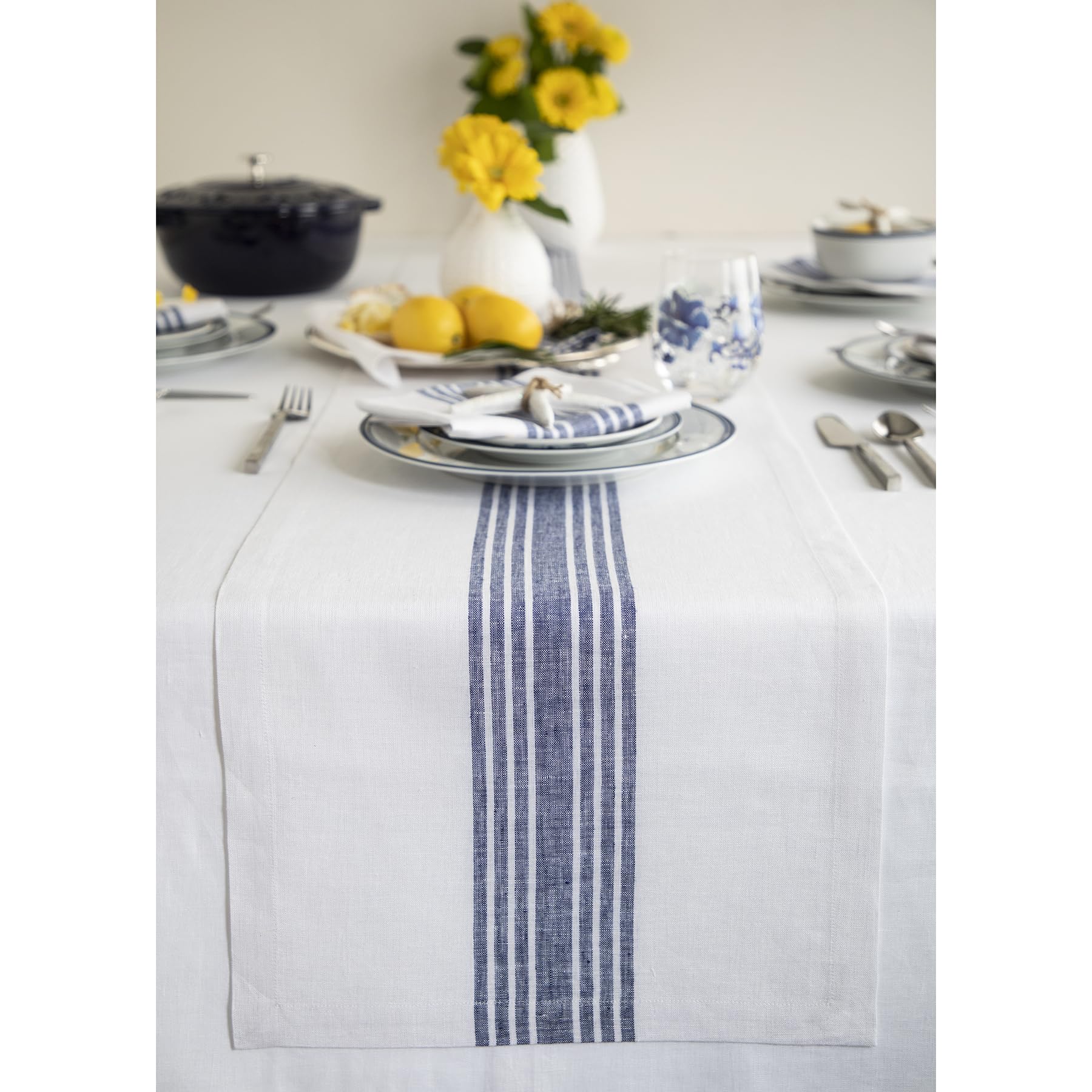 Solino Home Stripe Linen Table Runner 108 Inches Long - 100% Pure Linen Navy And White Table Runner 14 X 108 Inch - Machine Wash