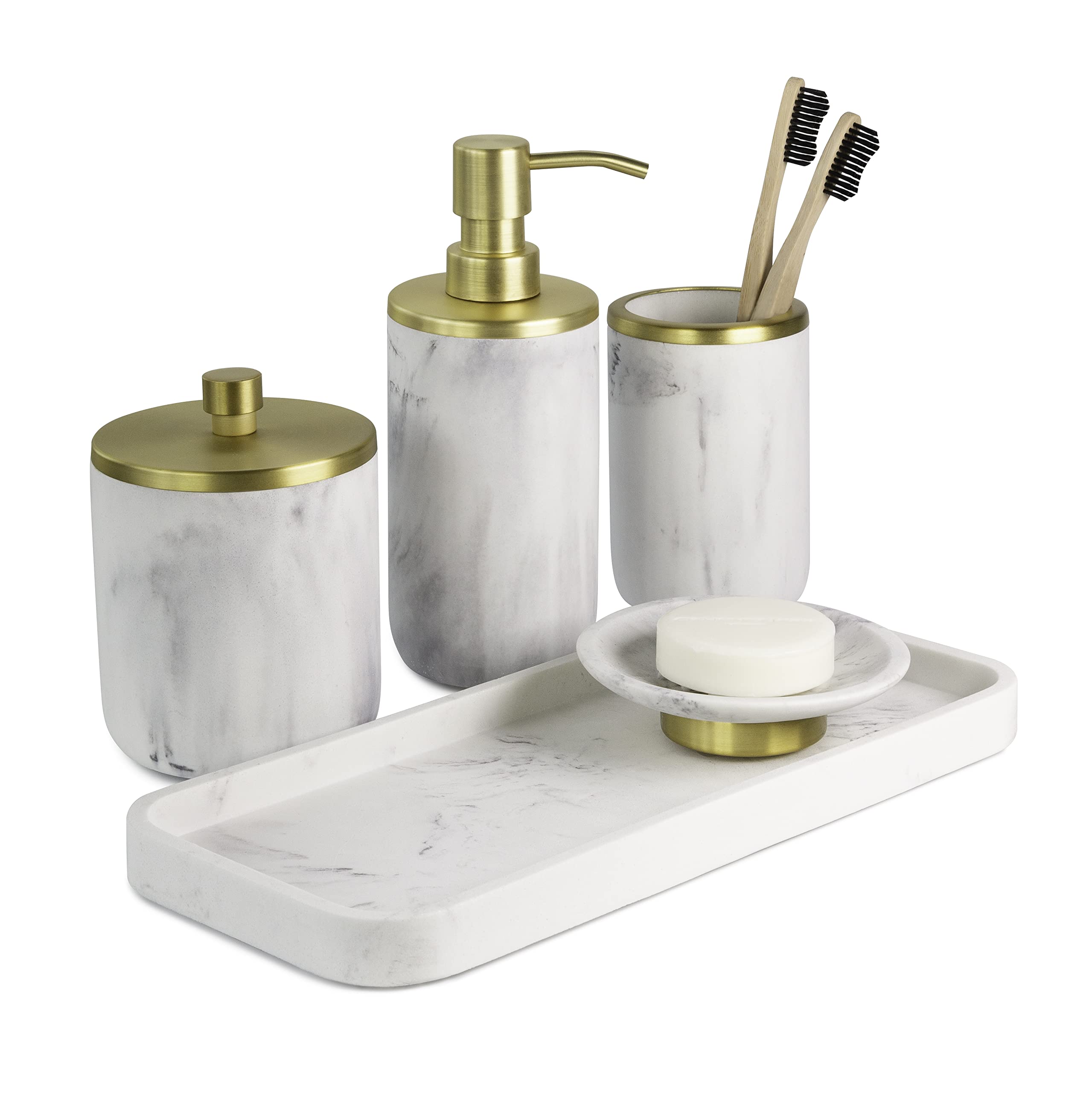 Bathroom Soap Dispenser Set - Bathroom Toothbrush Holder Set, Marble, Gold, Farmhouse Bathroom Decor, 5 Piece Bathroom Accessori
