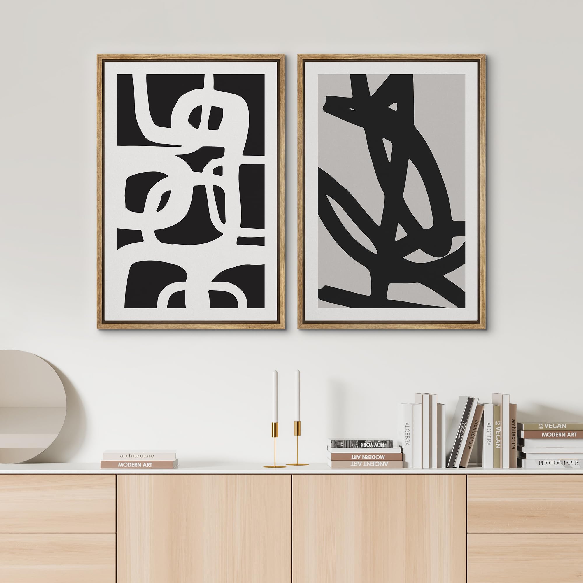 Signwin Framed Canvas Print Wall Art Set Black White Geometric Dark Ring Collage Abstract Shapes Illustrations Modern Art Minima
