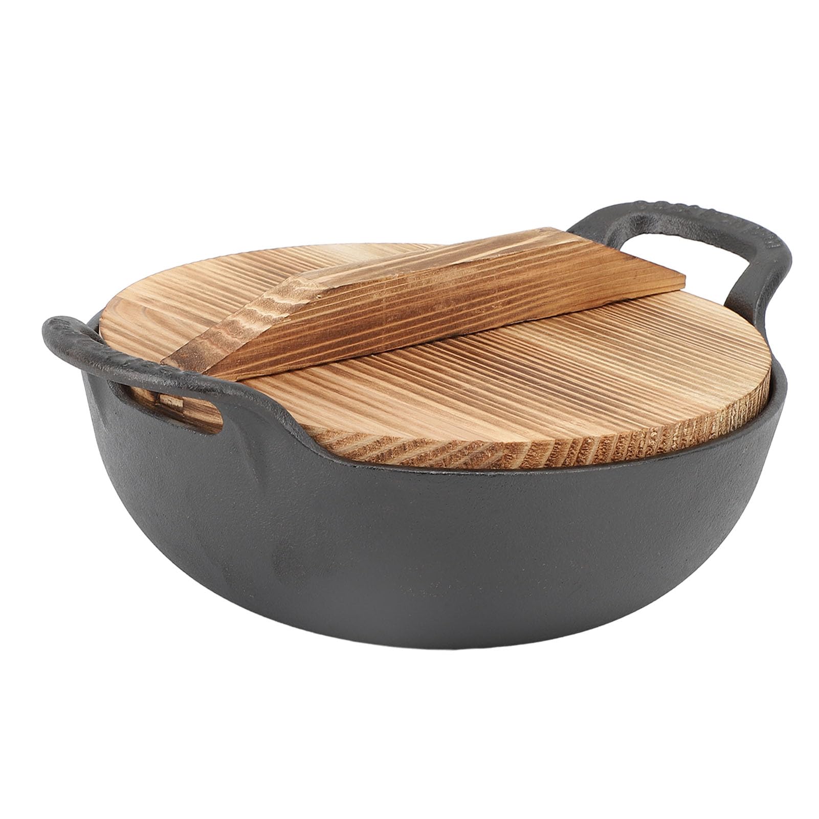 Topyond Cast Iron Wok with Wooden Lid and 2 Handles 25cm