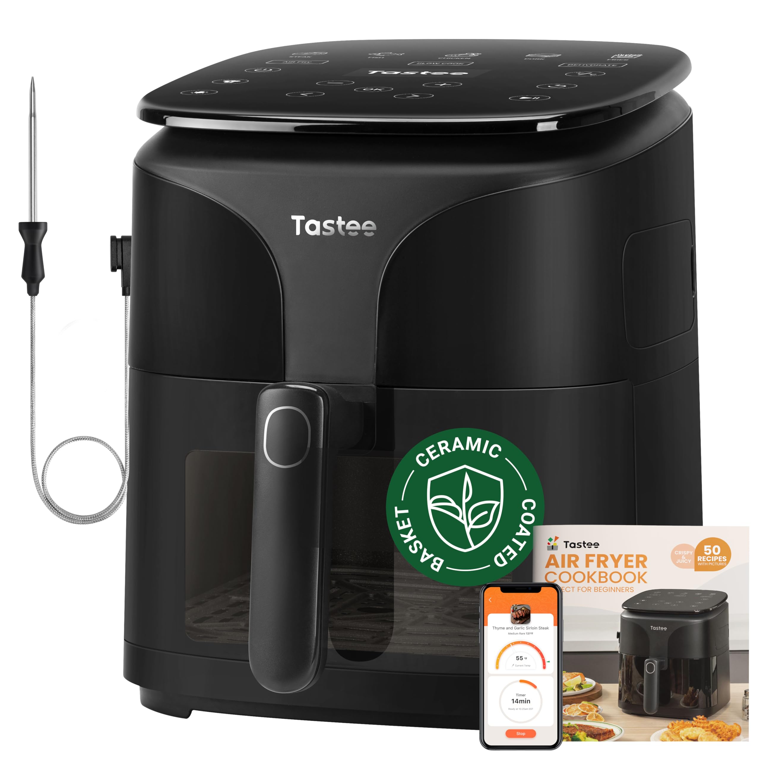 Tastee Ceramic Air Fryer, 8-in-1 Compact 5.5QT AirFryers, 450F Digital Airfryer Dehydrator with Smart Probe, 24 Presets One-touc