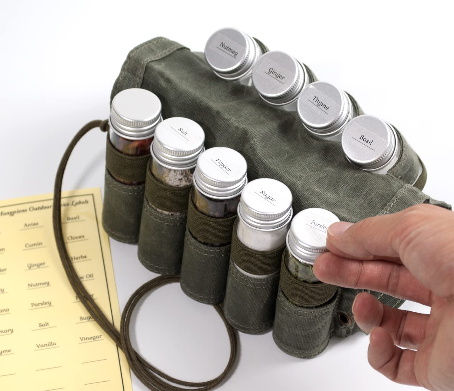 MONGPIENS Camping Spice kit with 9 spice Jar,rope,Spice Labels Sticker,Silicone Collapsible Funnel, Canvas Travel Seasoning cont