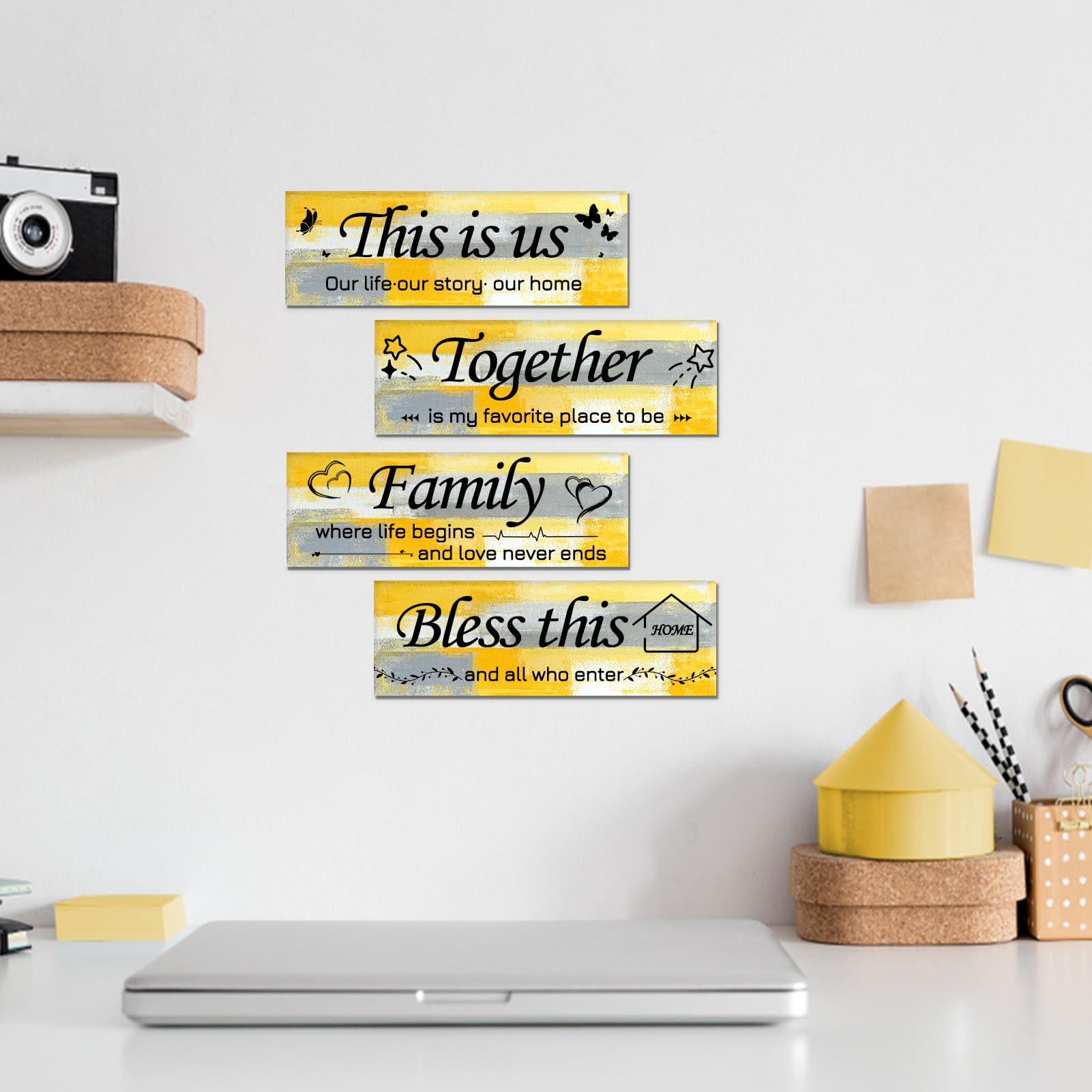 Lnond 4 Pieces Yellow Abstract Living Room Wall Decor, Motivational Home Family Rustic Wall Art Decor for Bedroom Living Room, R