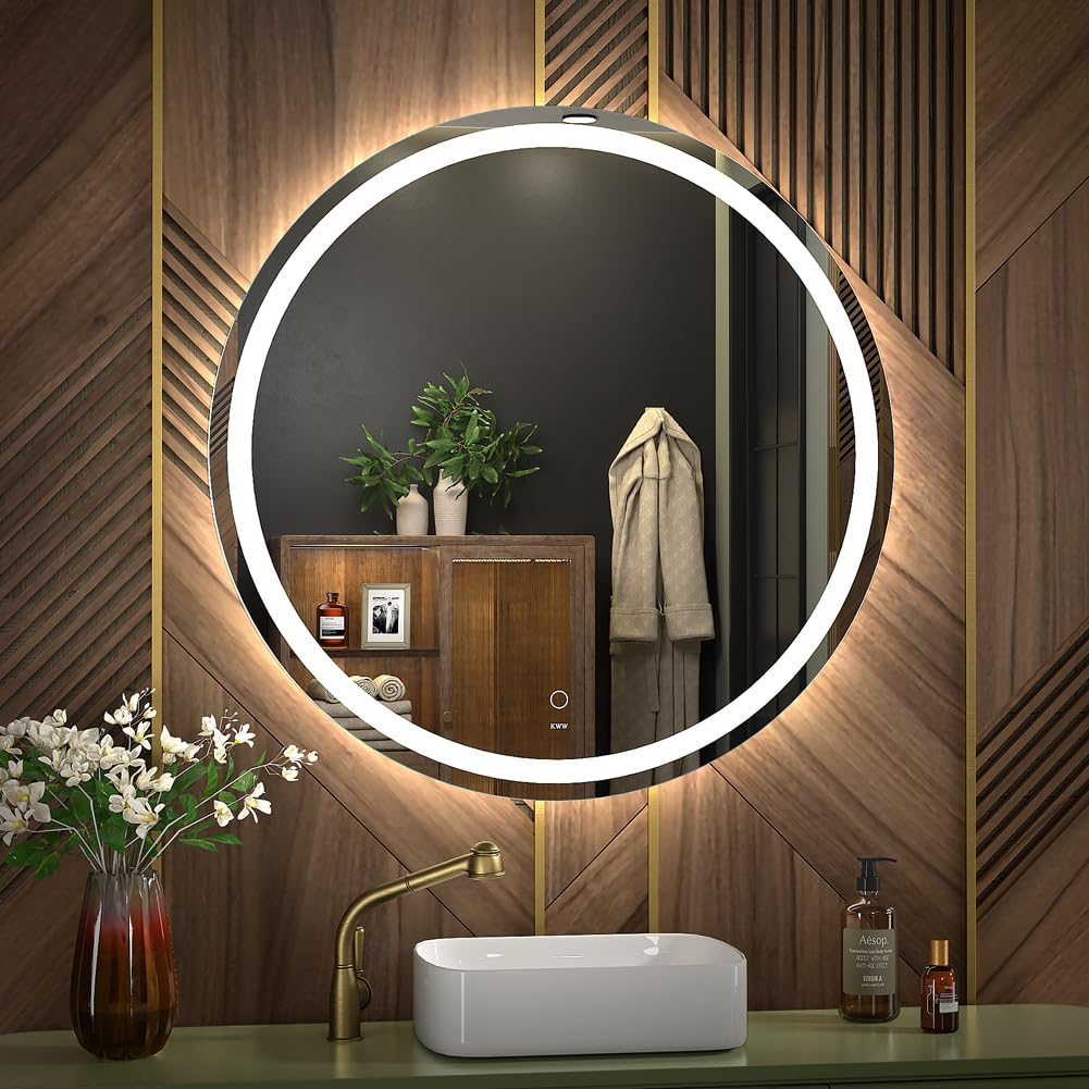Kww 28 Inch Large Modern Led Round Bathroom Vanity Mirror, Color Temperature Adjustable, Anti-Fog Dimmable Lights, Easy To Insta