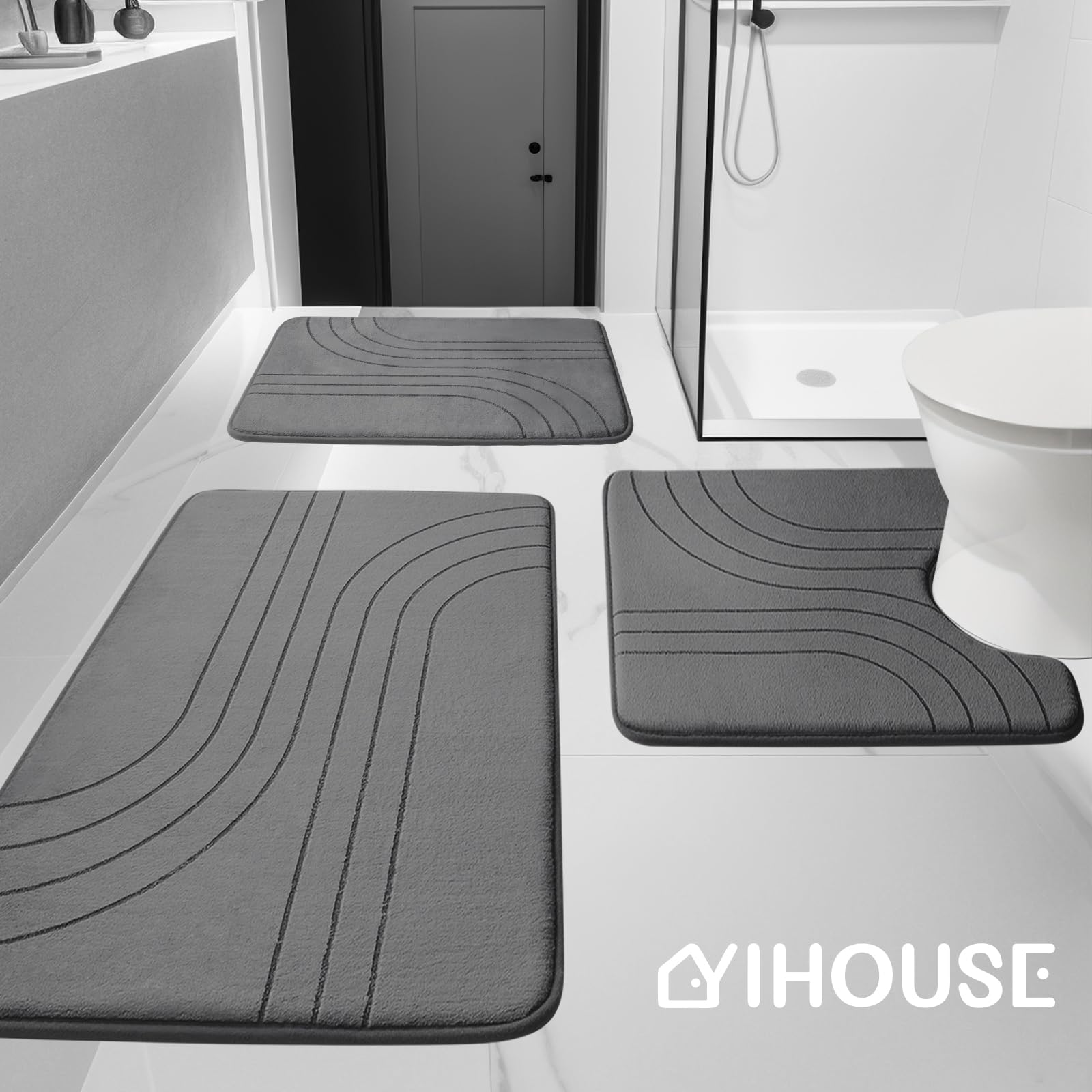 Yihouse 3 Piece Bathroom Rug Set, Soft Non Slip Bathroom Mat Sets 3 Piece, Extra Thick Memory Foam Bath Mats For Bathroom, Machi