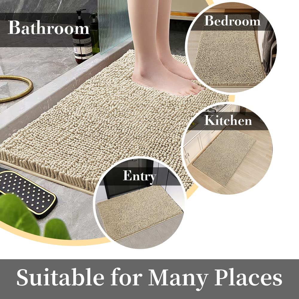 SONORO KATE Non-Slip Bath Mat, Soft Chenille Rug, 36"×24", Beige, Water Absorbent for Bathroom and Bathtub