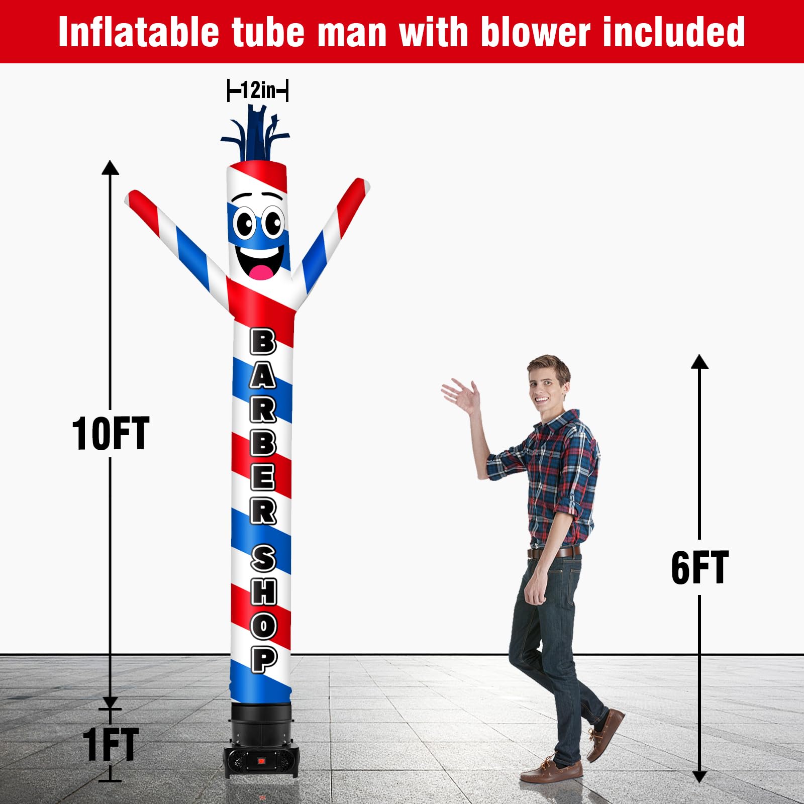 GOODENY 10FT Tall Barber Shop Inflatable Tube Man Wacky Wavy Dancing Guy with 3/4 HP Weather-Resistant Blower (12  Diameter) for