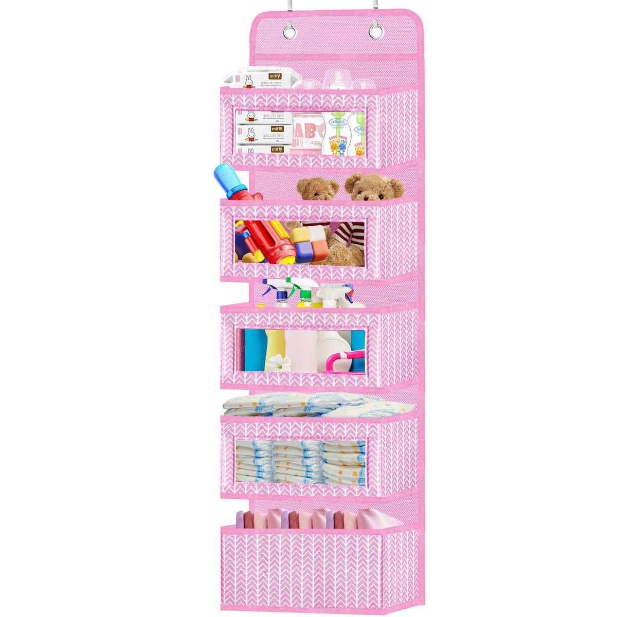 Veronly Over The Door Hanging Organizer With 5 Large Pockets - Wall Mount Pantry Storage With 2 Big Metal Hooks For Baby Girls D