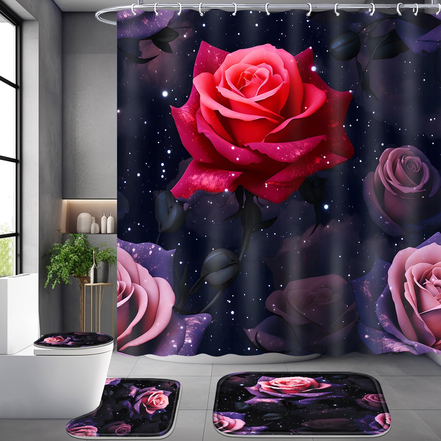 Poedist 4 Pcs Shower Curtain Set, Red Rose Bathroom Set,Romantic Shower Curtain Sets With Rugs(Bath Mat,U Shape And Toilet Lid C