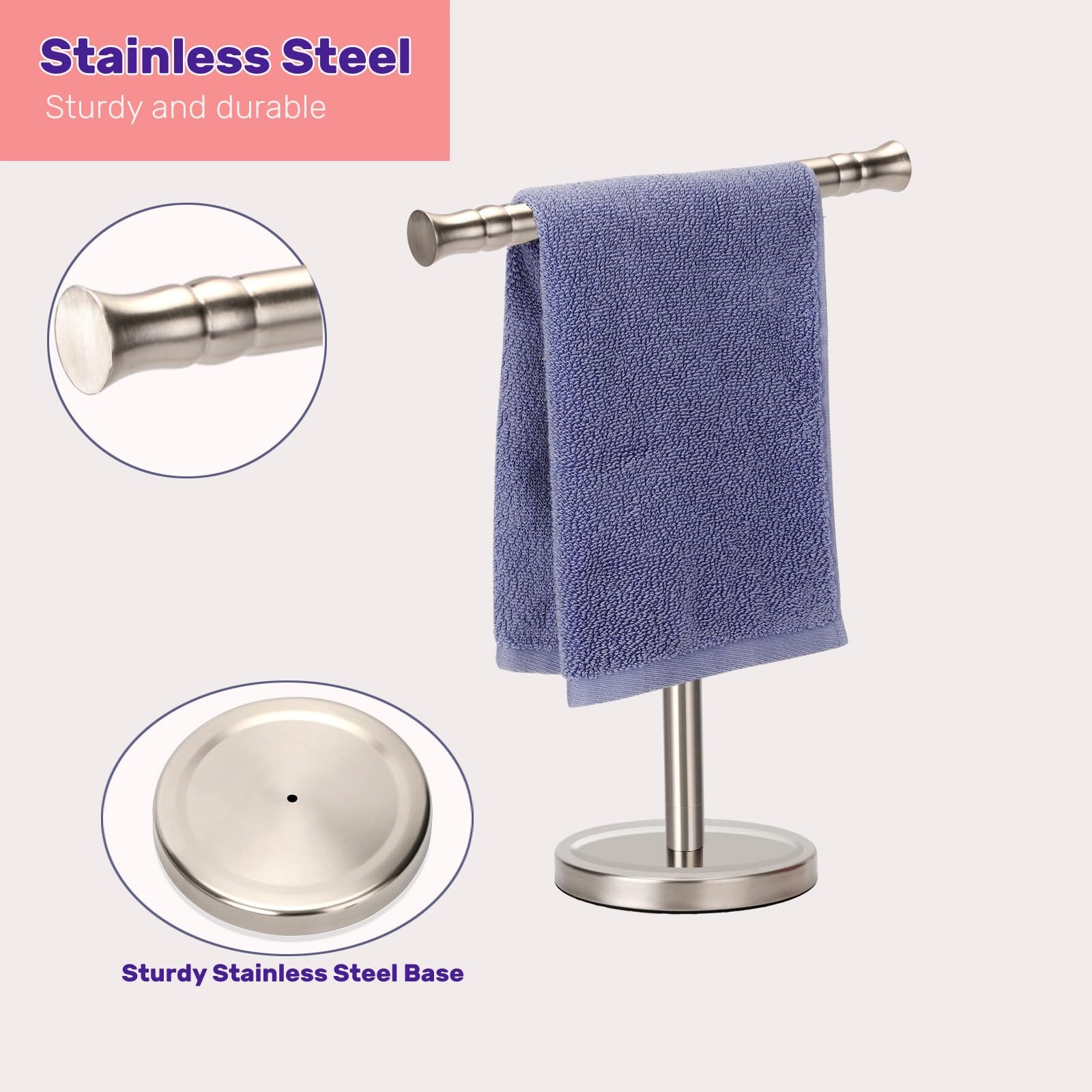 Sfemn Hand Towel Holder Stand For Bathroom Vanity Countertop Sus304 Stainless Steel T-Shape Free Standing Towel Rack Stand Towel