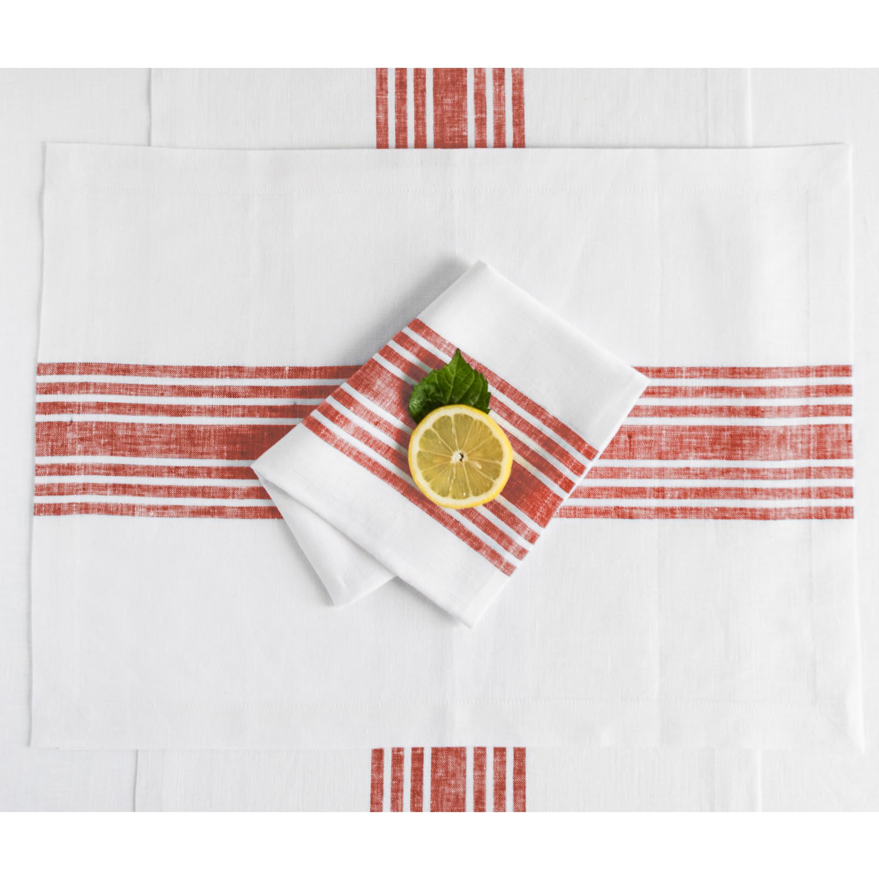 Solino Home Farmhouse Linen Placemats 19'' L X 14'' W Inch - 100% Pure Linen Stripe Red And White Cloth Placemats Set Of 4 - Was