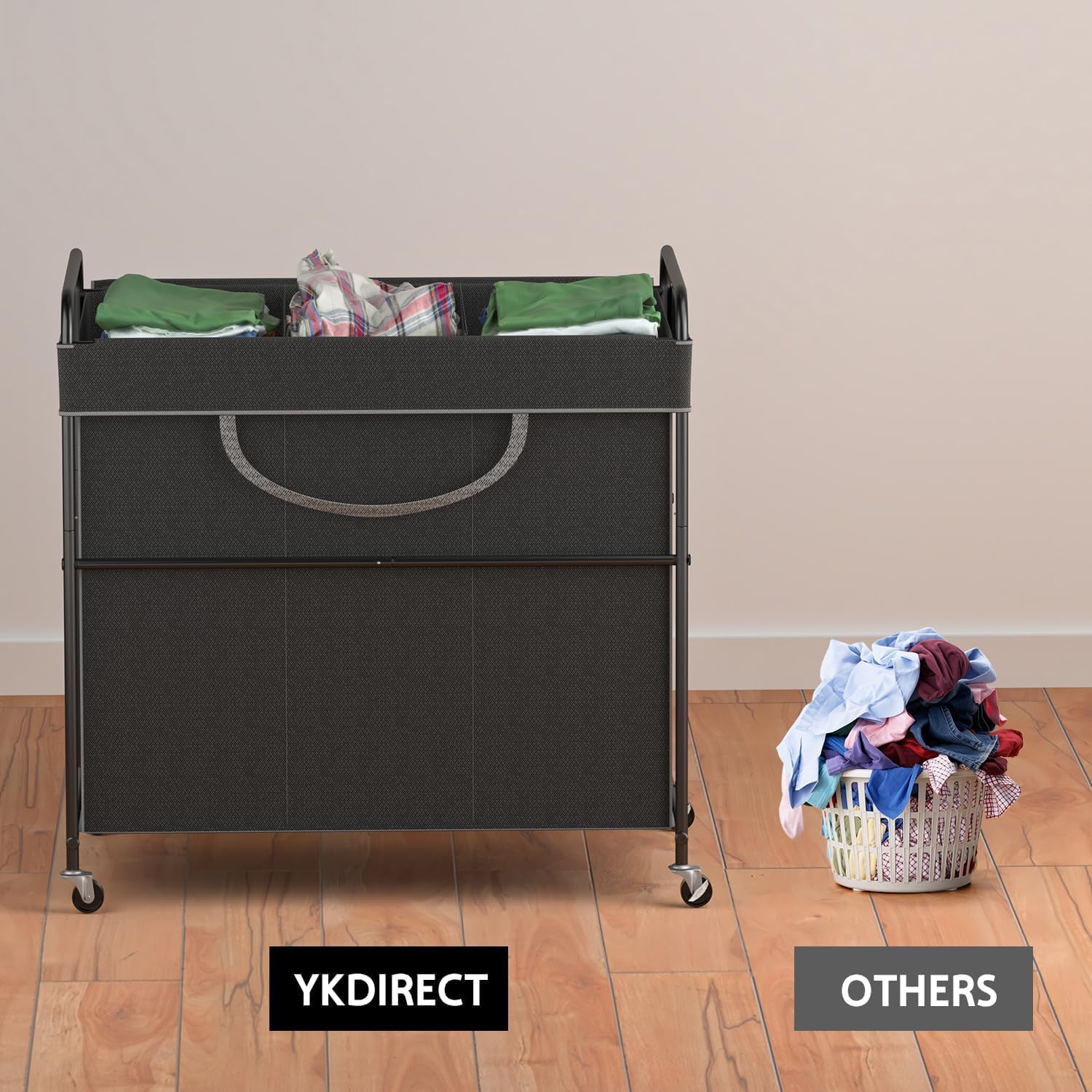 Ykdirect 180L Large Laundry Hamper, 3-Section Laundry Basket With Lid, Removable Bag & Metal Structure With Industrial Wheels, S