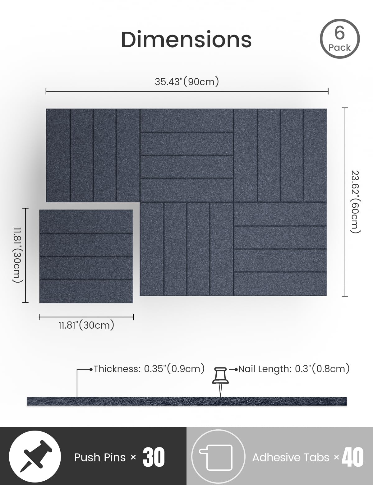 Bumusty Large Cork Board Alternative-36 x24 Felt Bulletin Board, with 30 Pushpins, 40 Adhesive Tabs, 6-Pack Slat Wall Paneling,