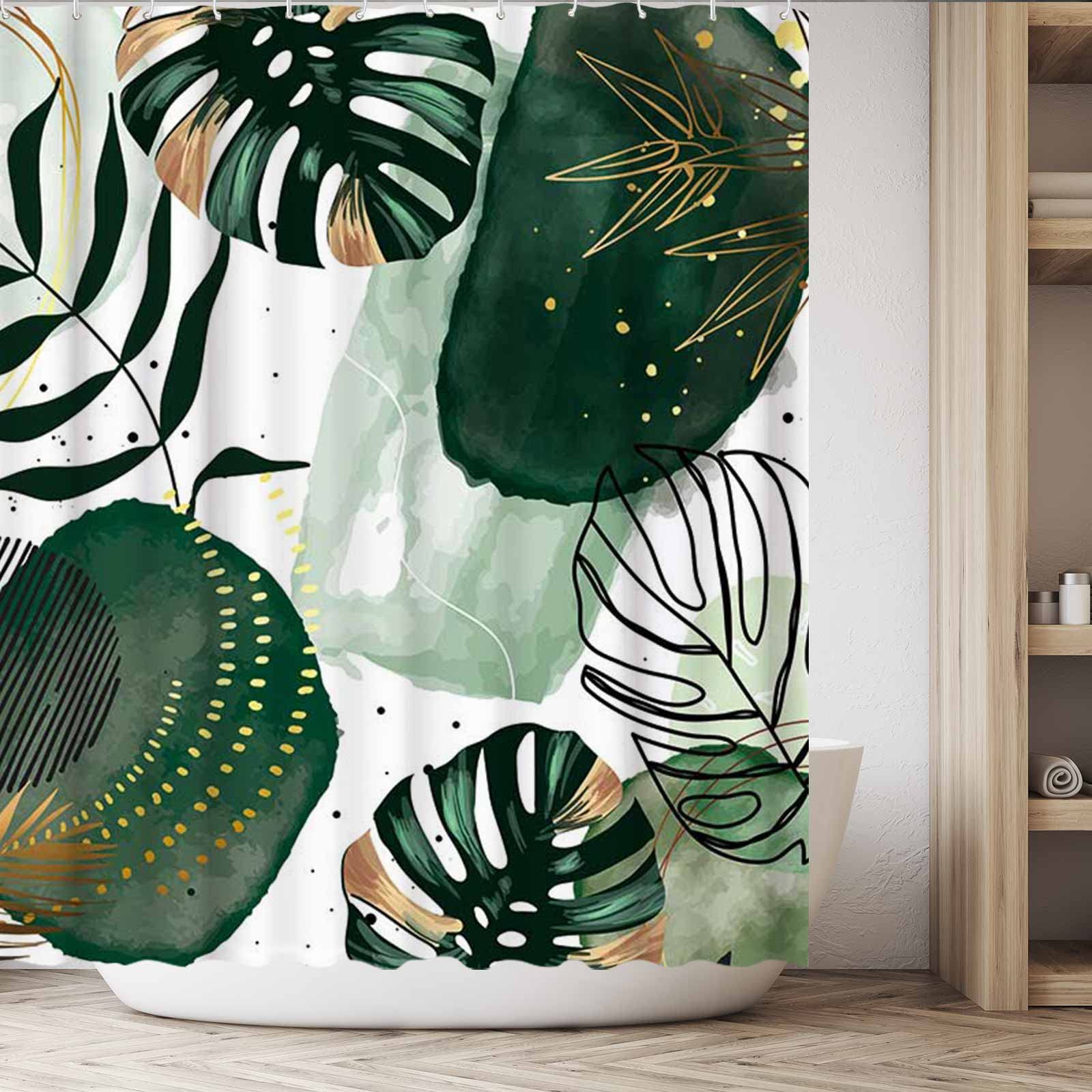 Funnytree Green Chic Abstract Shower Curtain Set With Hooks Boho Leaves Tropical Watercolor Simple Minimalist Fancy Modern Bathr