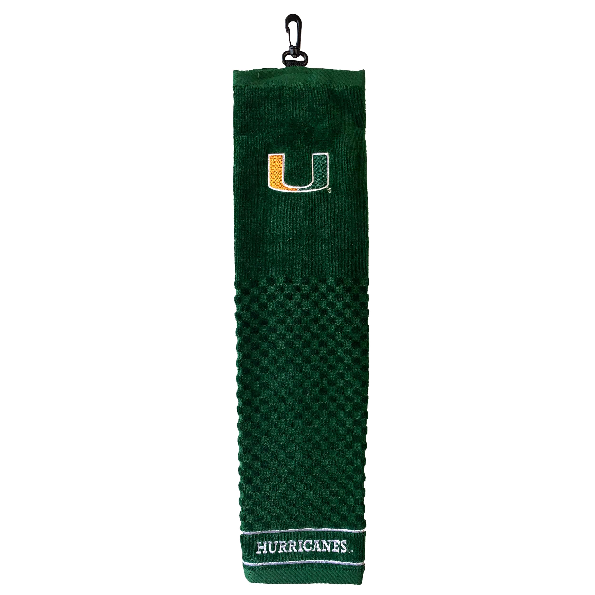 Team Golf Ncaa Miami Hurricanes Embroidered Golf Towel Embroidered Golf Towel, Checkered Scrubber Design, Embroidered Logo